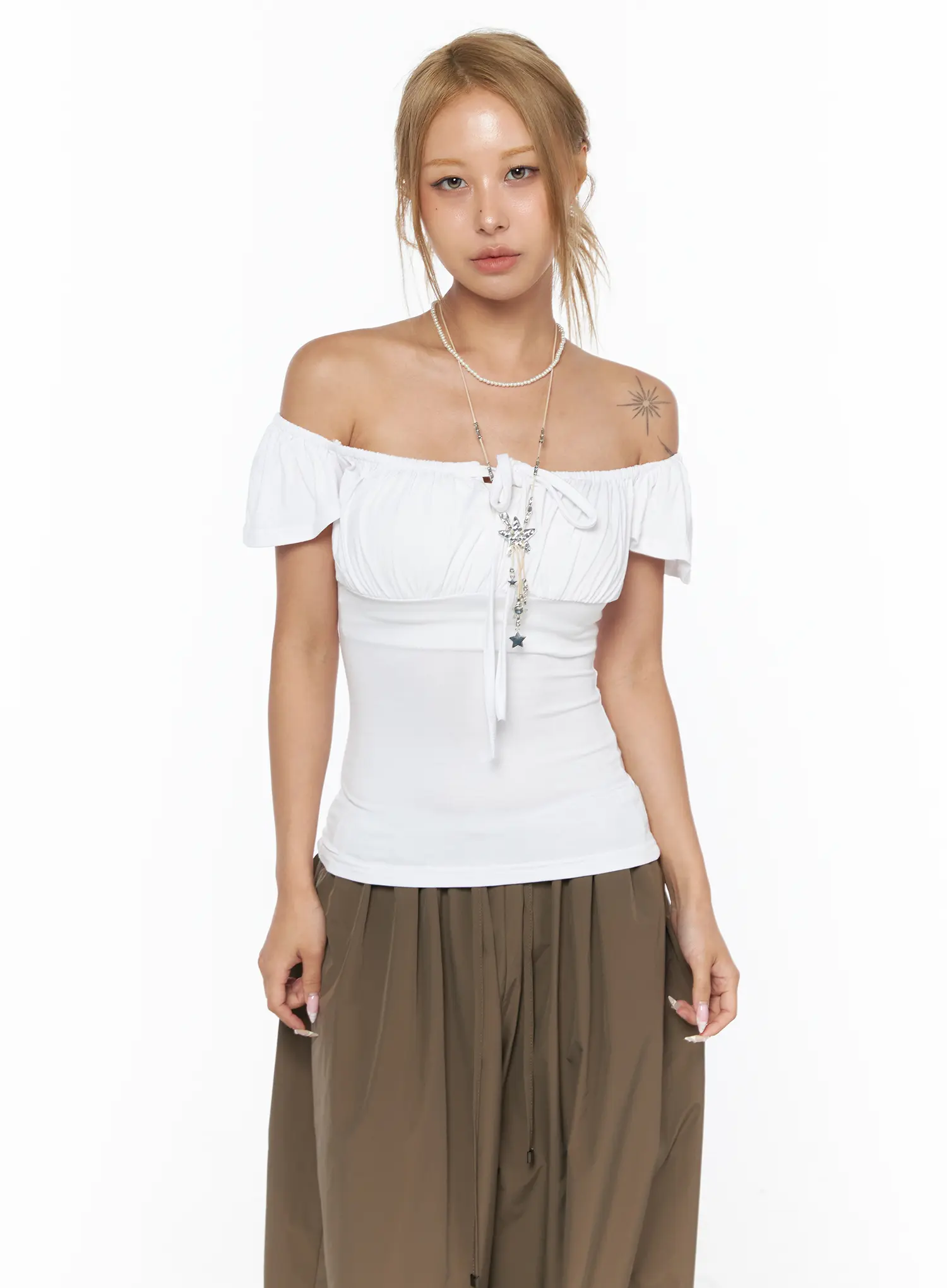 Ruched Off-Shoulder Bow Detail Top CU524 - Image 2