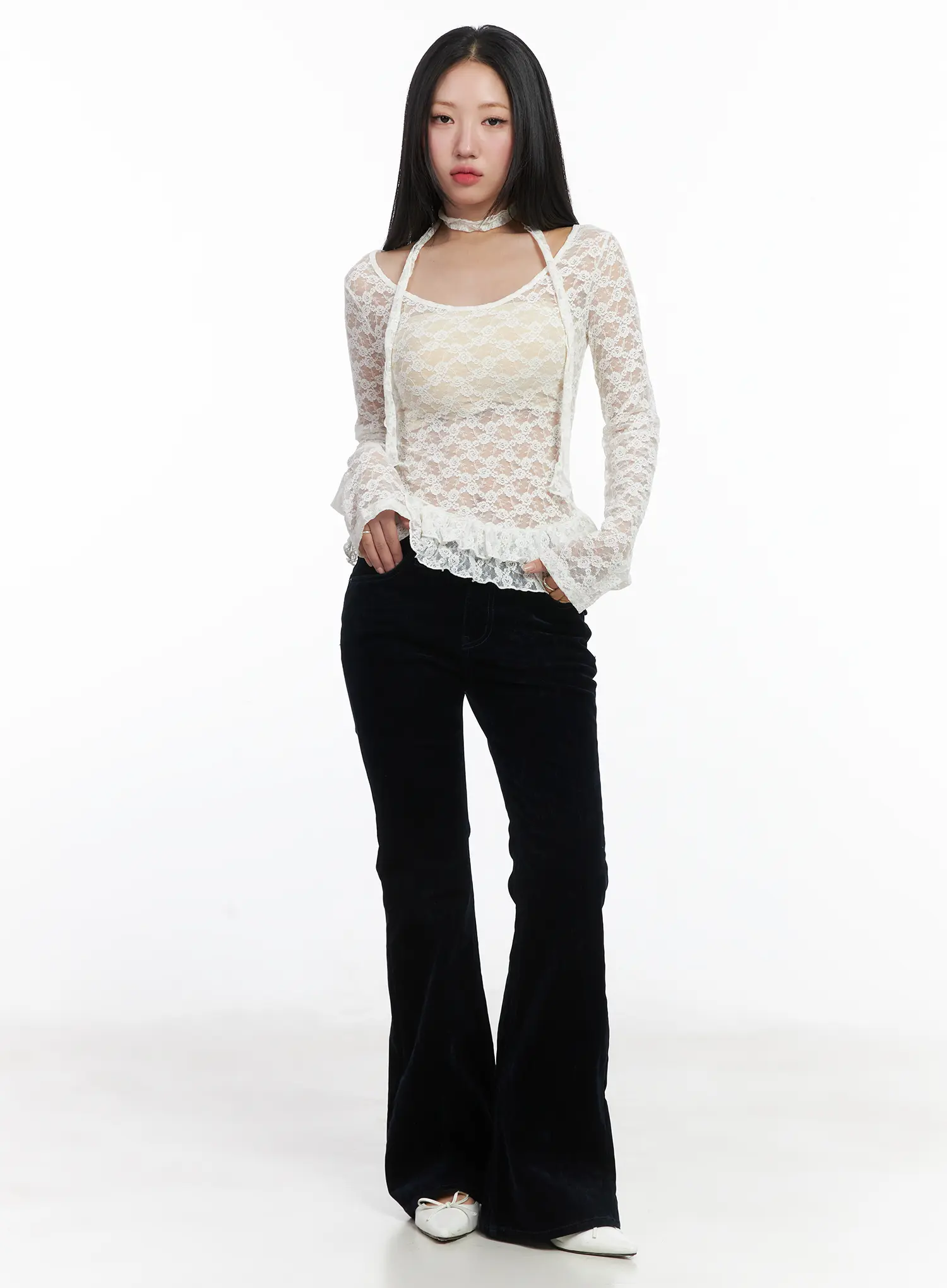 Ruffle Lace Long Sleeve Top Scarf Set CD529 - Image 2