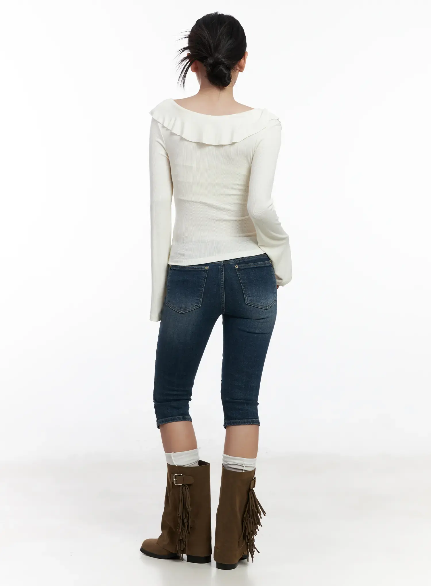 Ruffle Shirred V-Neck Long Sleeve Top CJ530 - Image 7