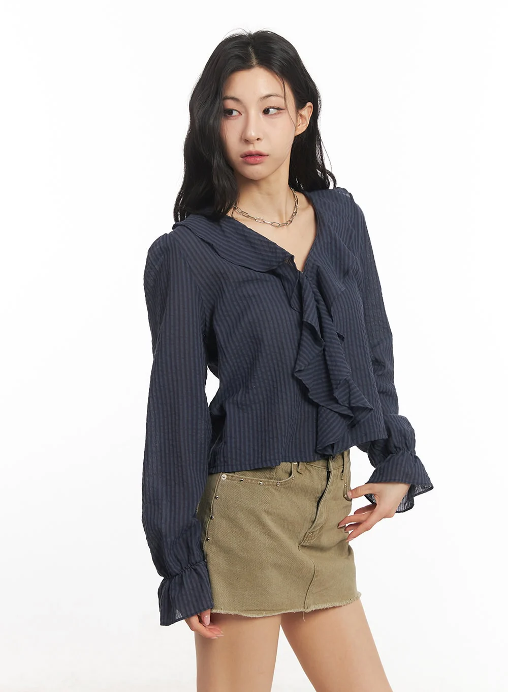 Ruffle V-Neck Stripe Blouse Top CA503 - Image 7