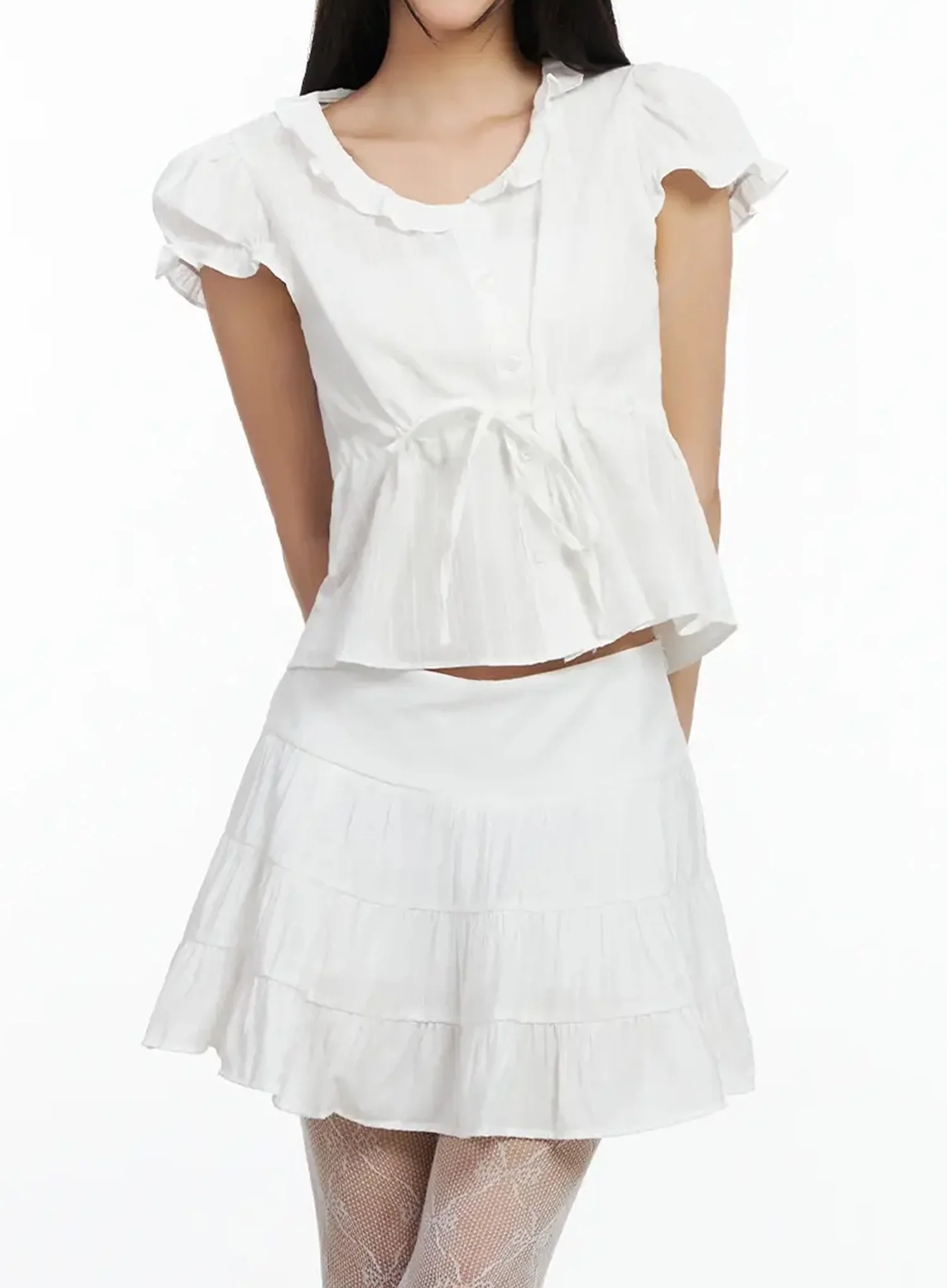 Ruffled Ribbon Tie Short Sleeve Blouse IM530 - Image 7