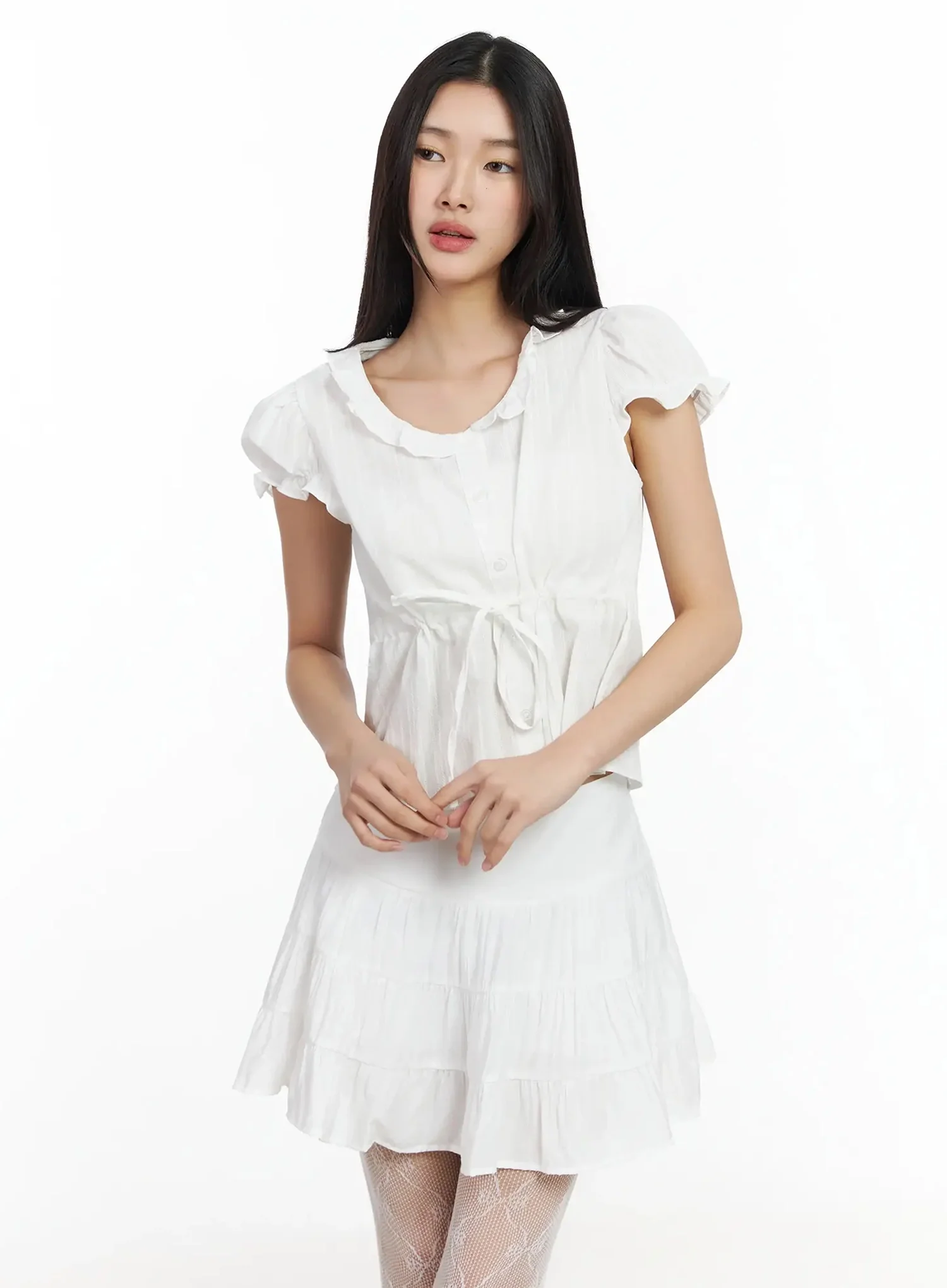 Ruffled Ribbon Tie Short Sleeve Blouse IM530 - Image 8