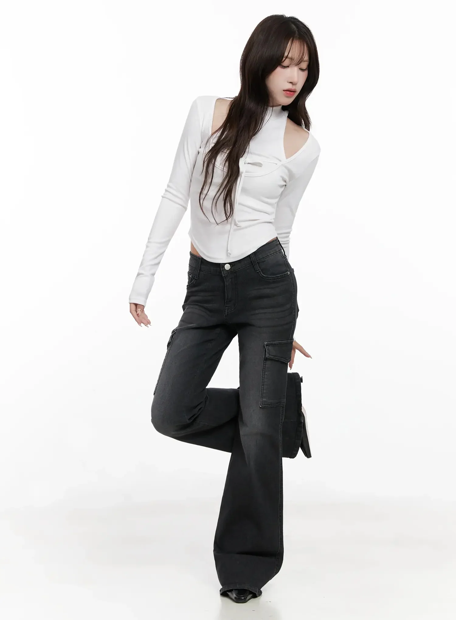 Seowon Black Cargo Low-Rise Bootcut Jeans IN514 - Image 6