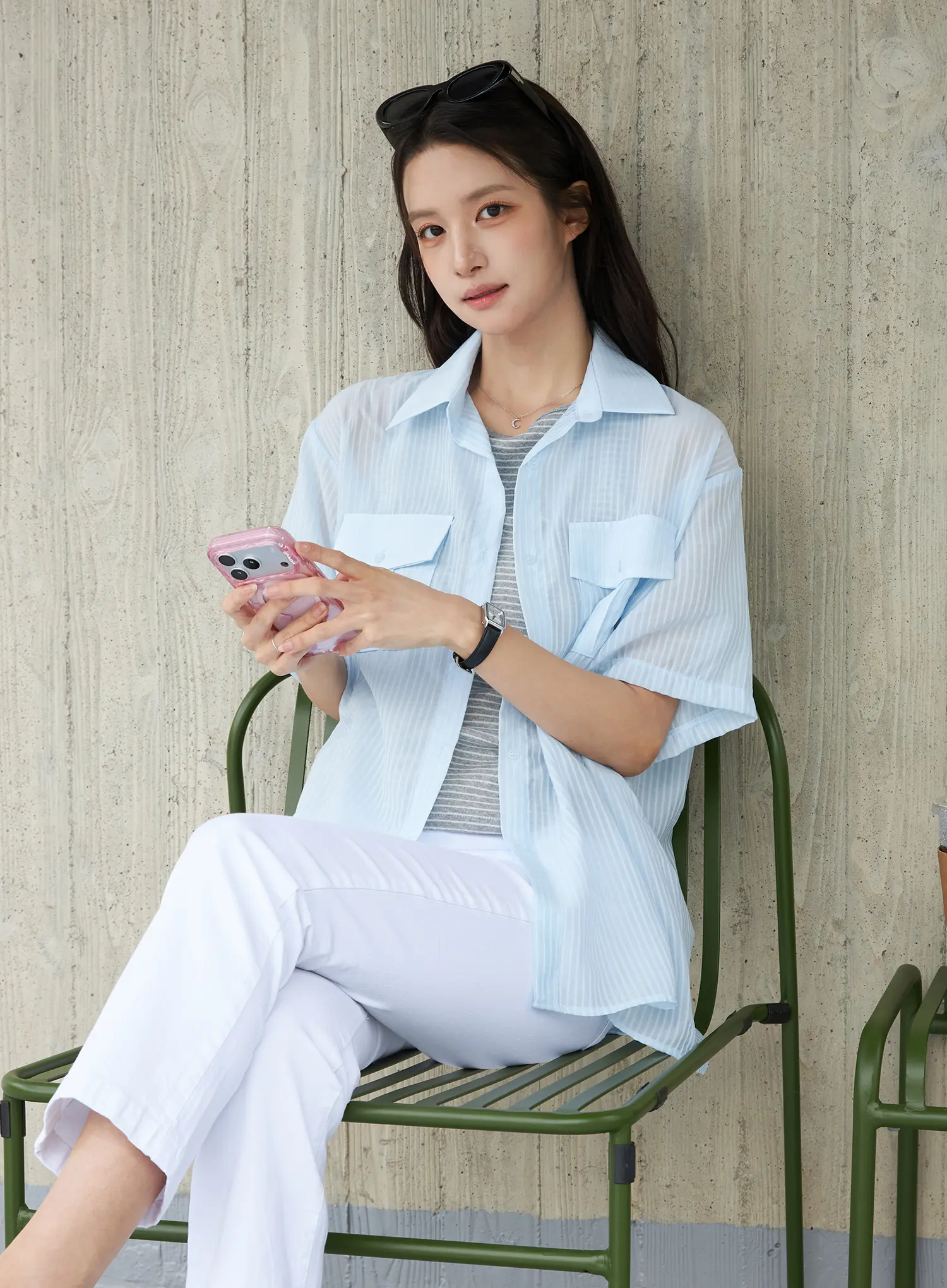 Sheer Breezy Stripe Pocket Shirt CU522