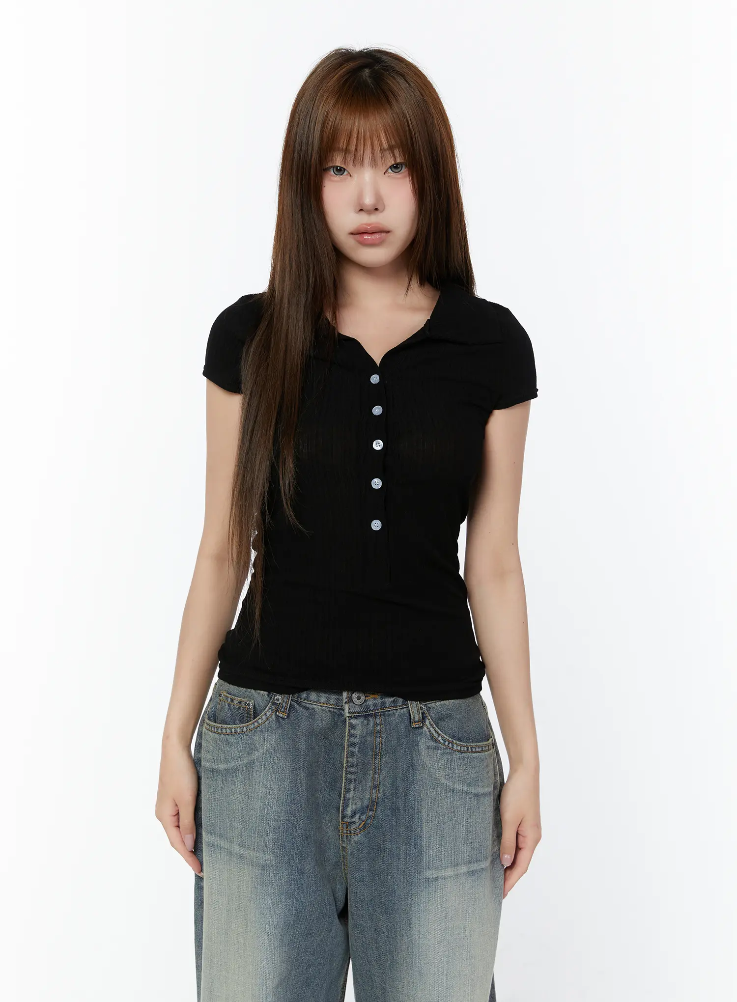 Sheer Button-Up Polo Shirt CY518 - Image 13
