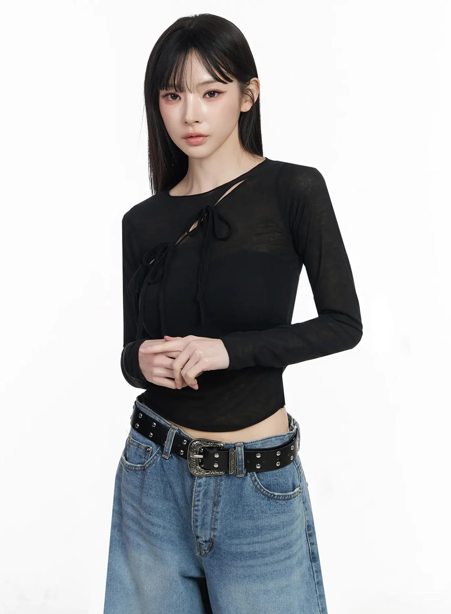 Sheer Cross Tie Long Sleeve Top IU509 - Image 2