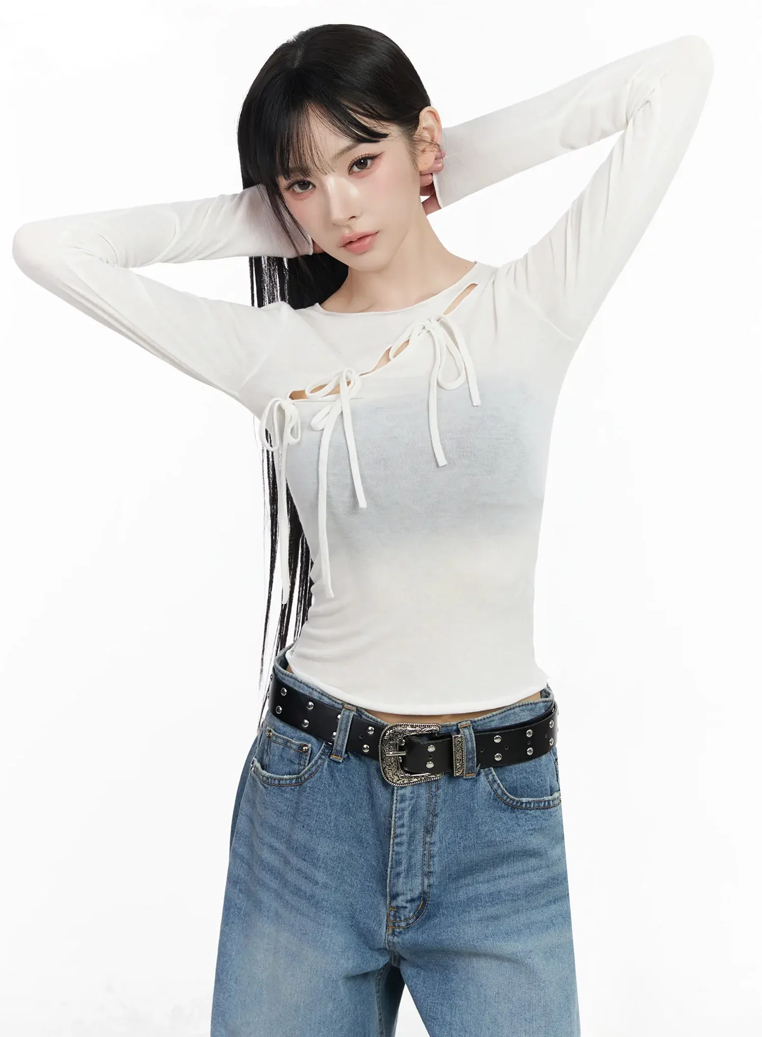 Sheer Cross Tie Long Sleeve Top IU509 - Image 6