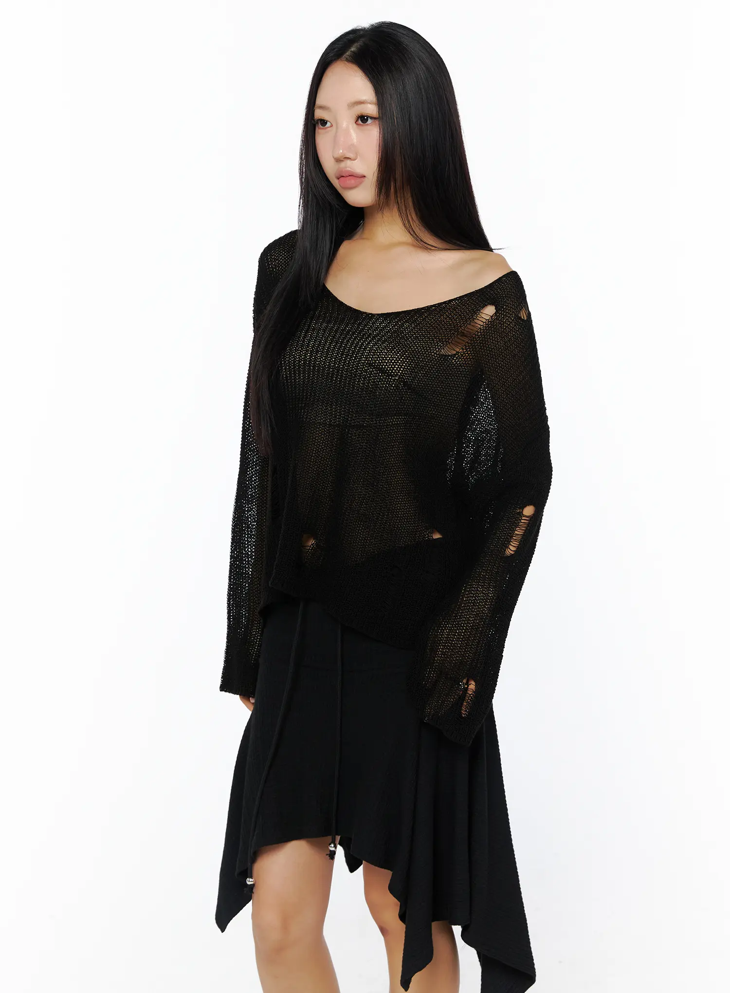 Sheer Distressed Knit Sweater CU512 - Image 10