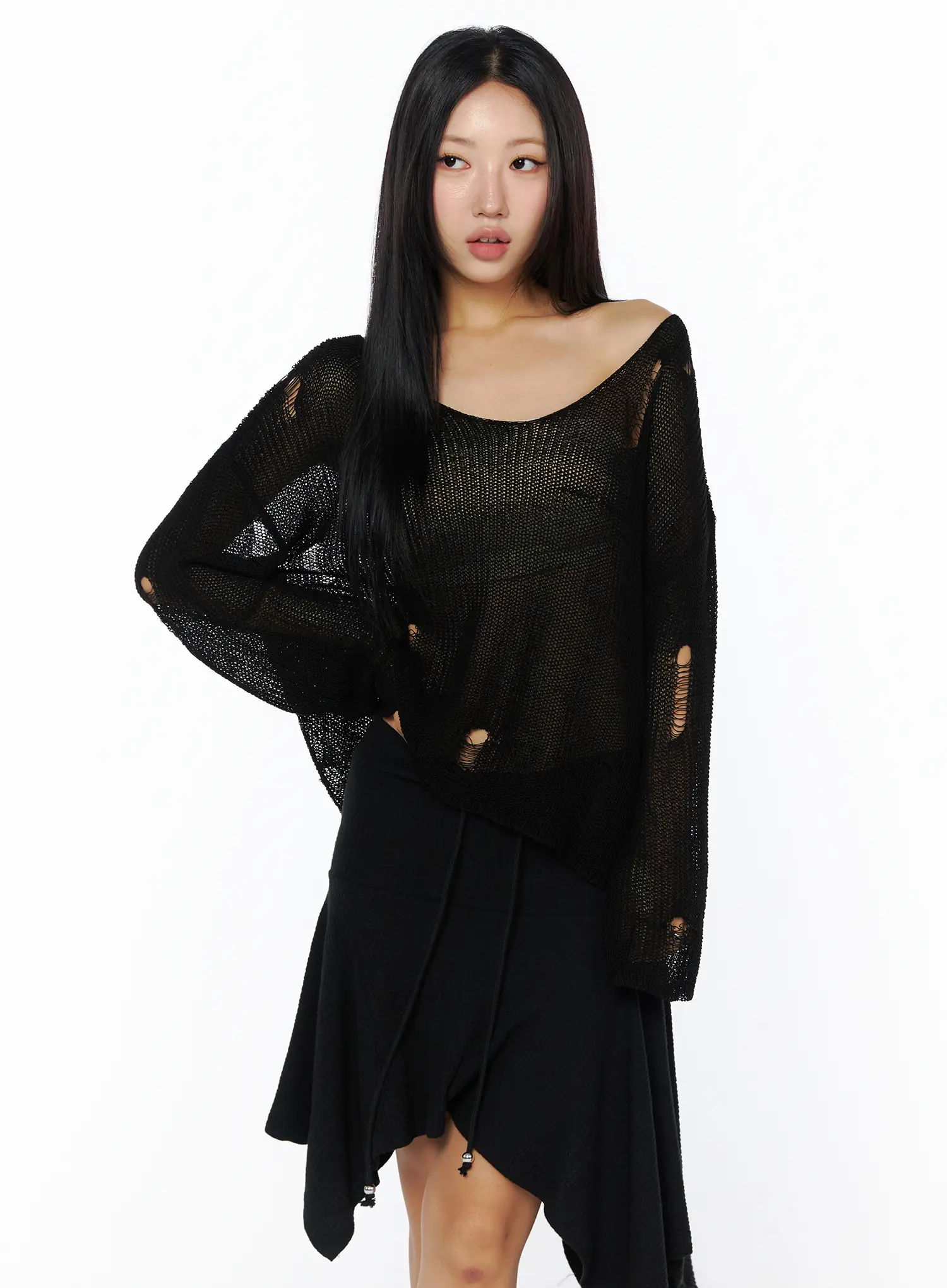 Sheer Distressed Knit Sweater CU512 - Image 2