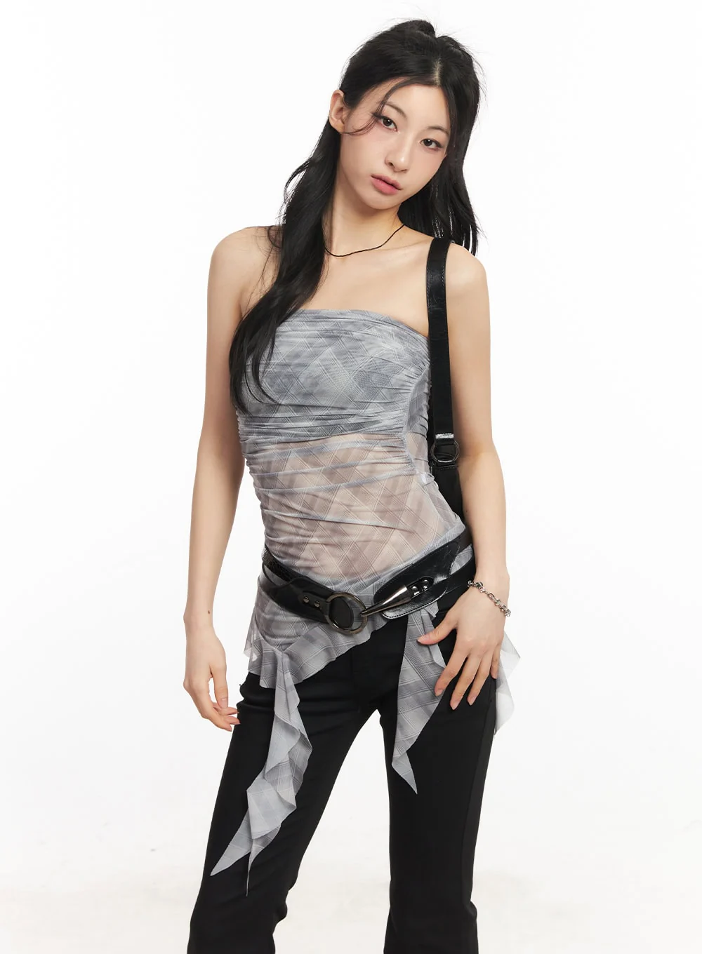 Sheer Plaid Ruffle Tube Top CA514 - Image 2