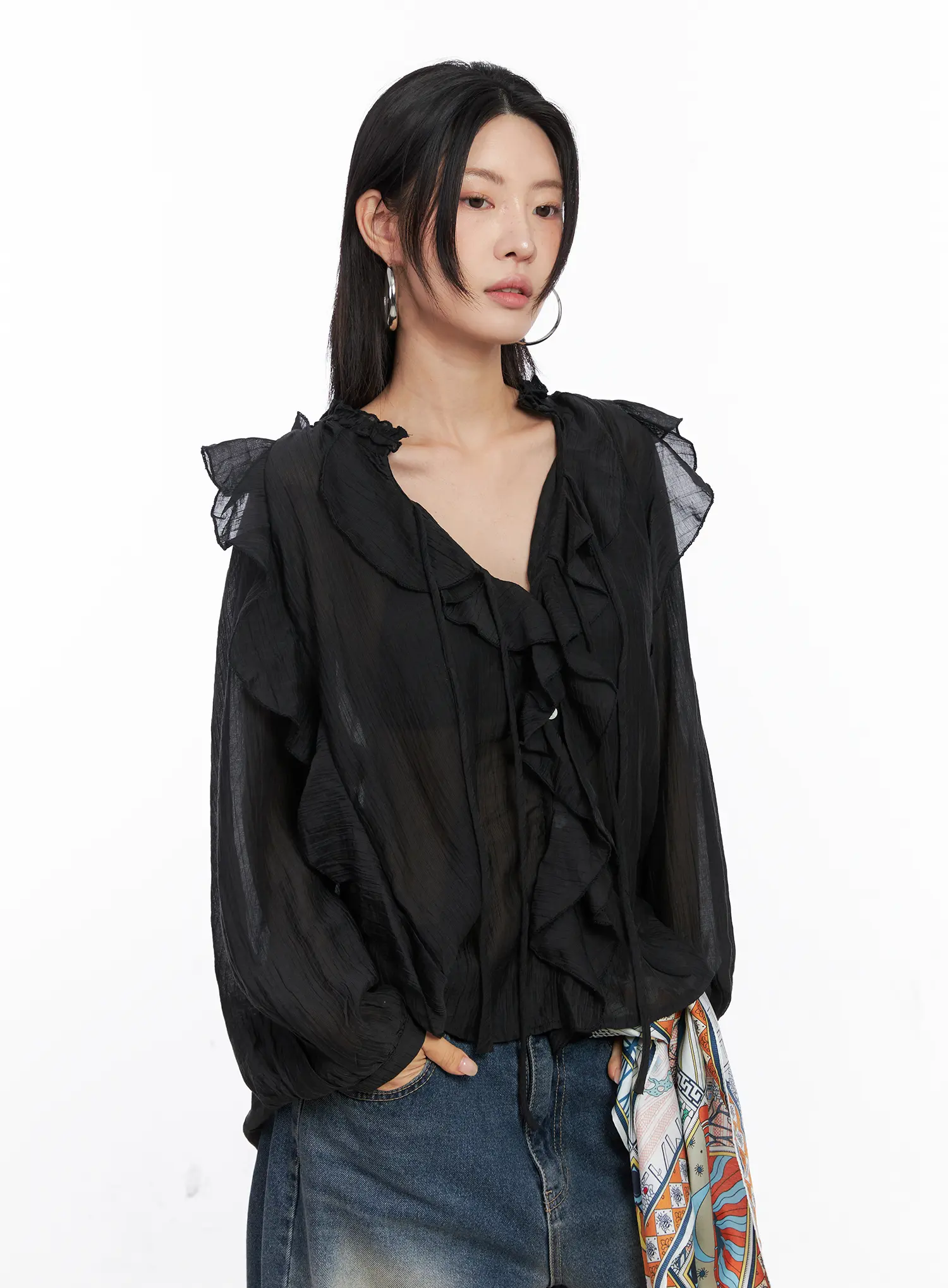 Sheer Ruffle Long Sleeve Blouse CO508 - Image 8
