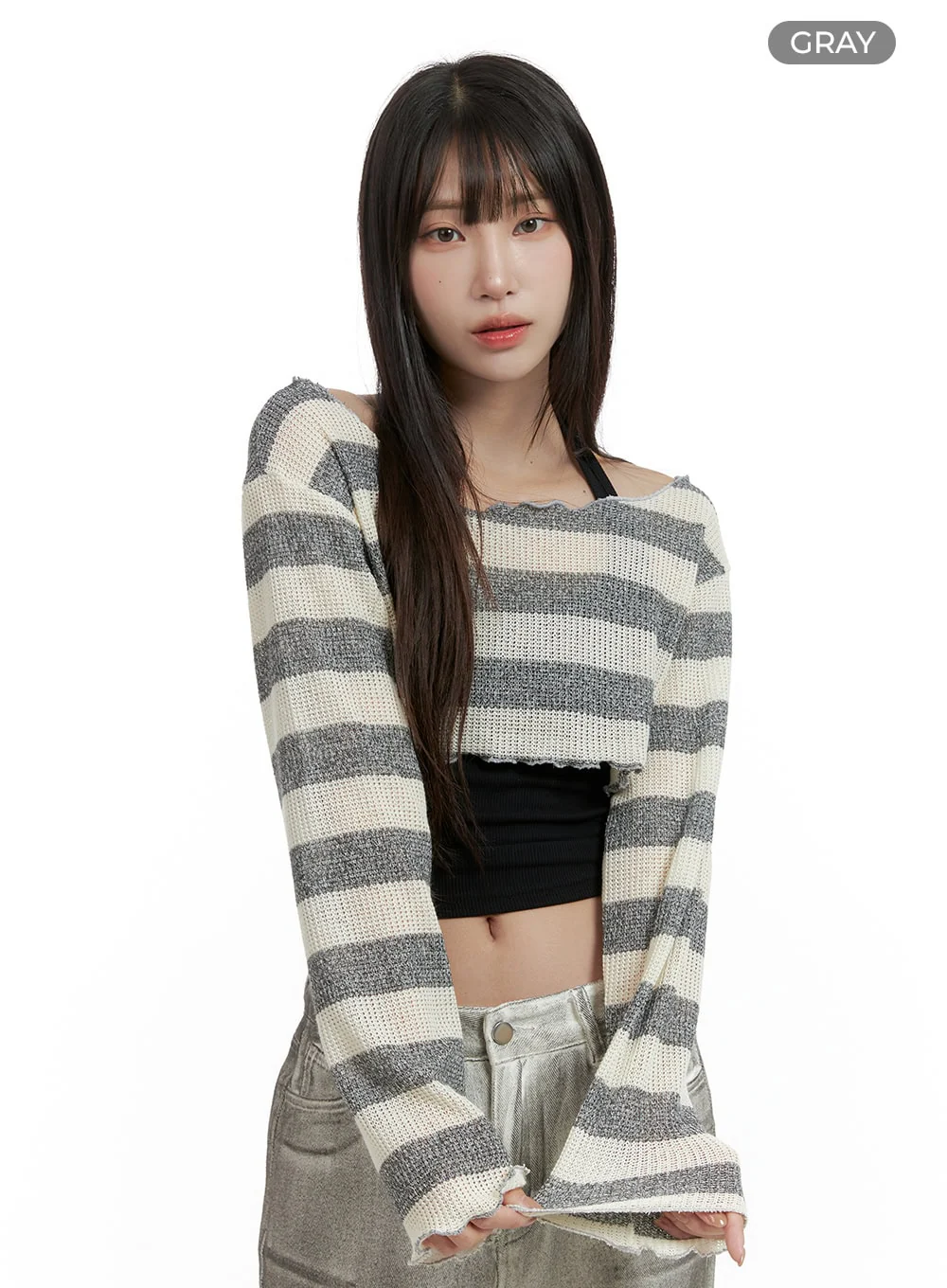 Sheer Striped Crop Sweater CL424 - Image 9