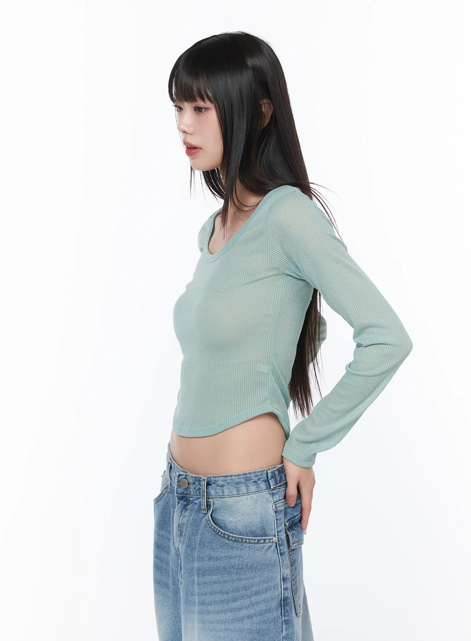 Sheer U-Neck Long Sleeve Top CA528 - Image 8