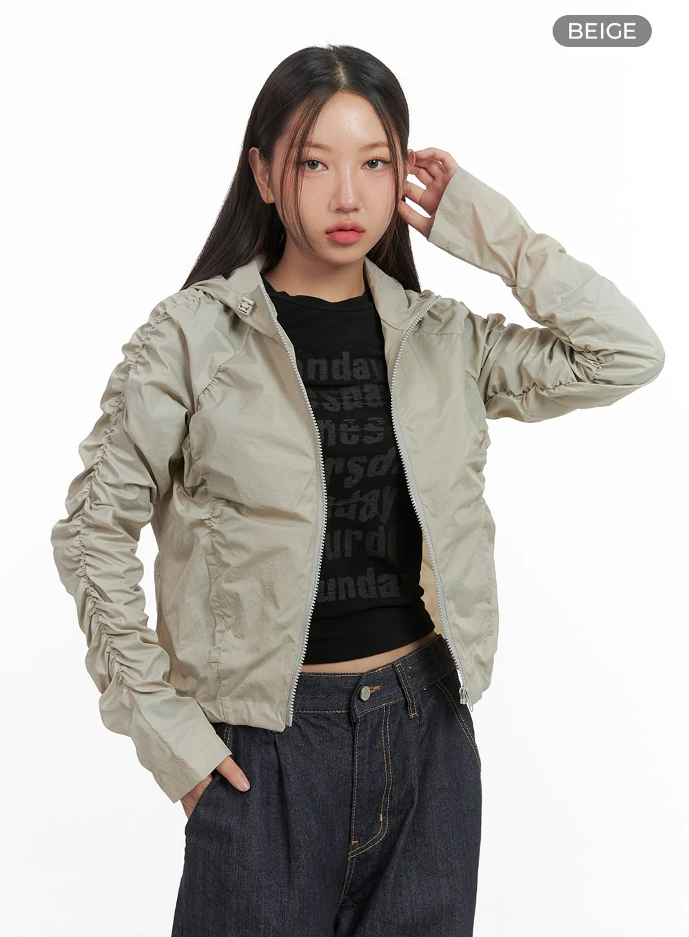 Shirred Hooded Nylon Crop Jacket CO402 - Image 13