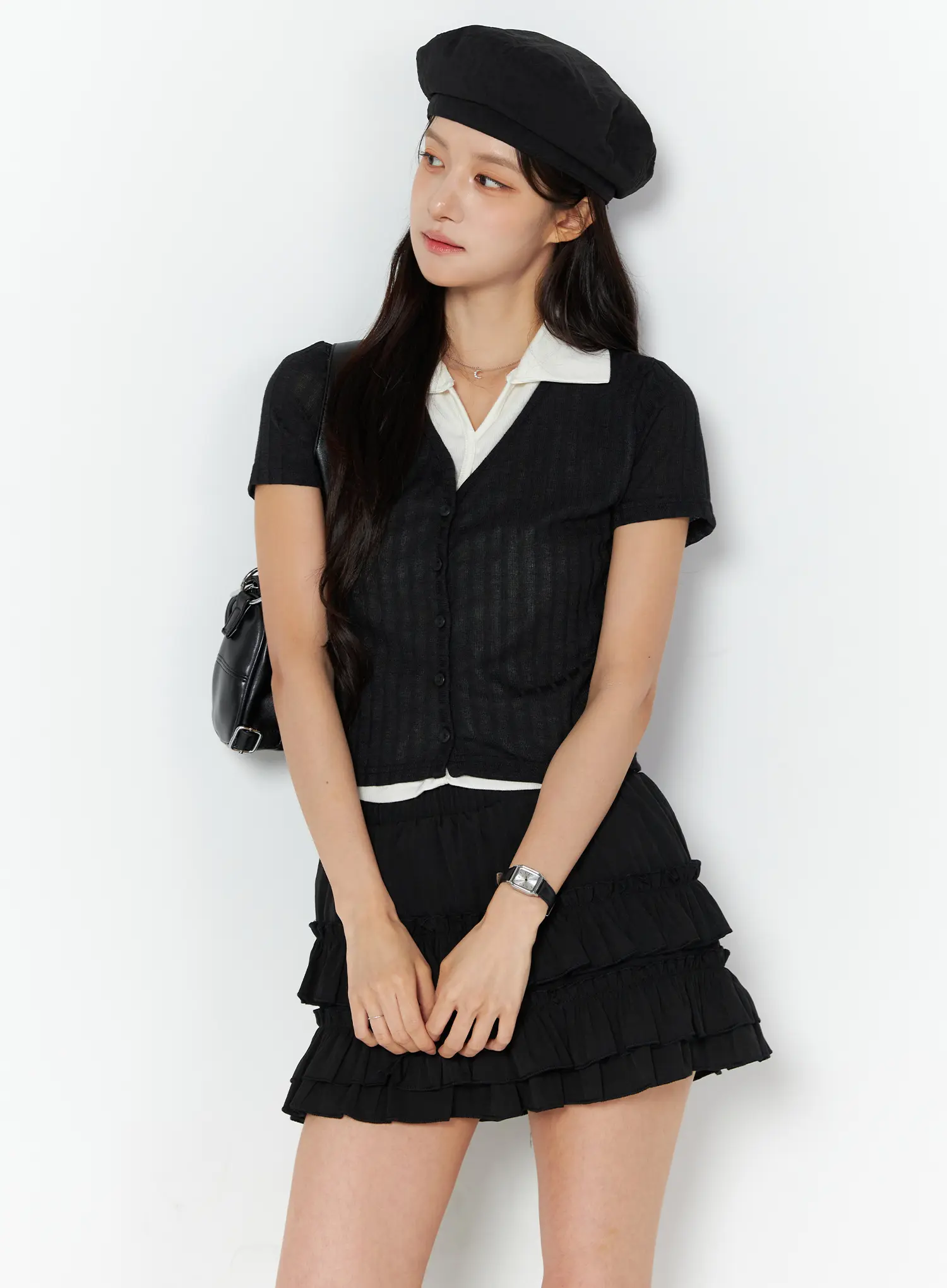 Shirt Layered Button-Up Knit Top CU522