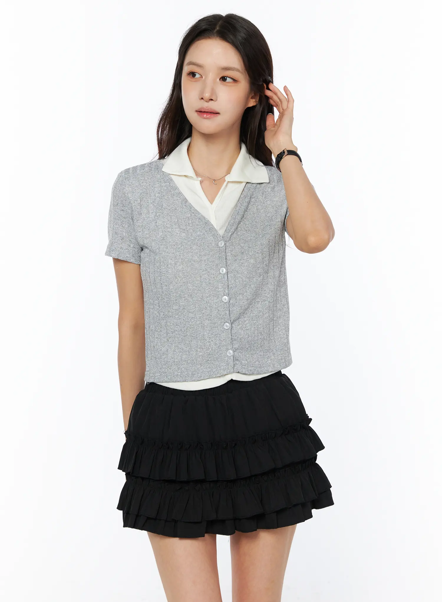 Shirt Layered Button-Up Knit Top CU522 - Image 2