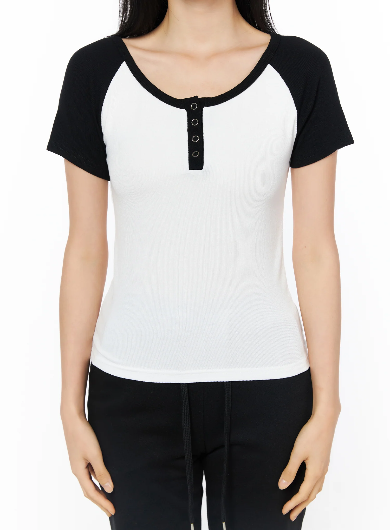 Short Sleeve Colorblock Henley Tee IU516 - Image 3