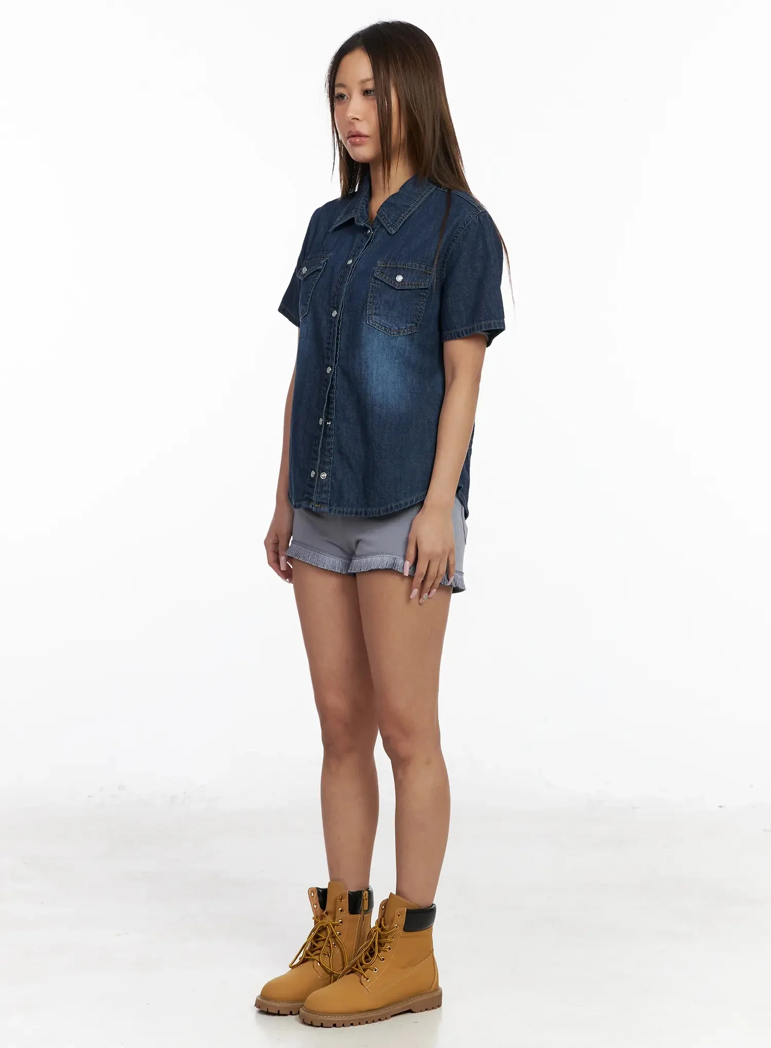 Short Sleeve Denim Button-Up Shirt IY501 - Image 10