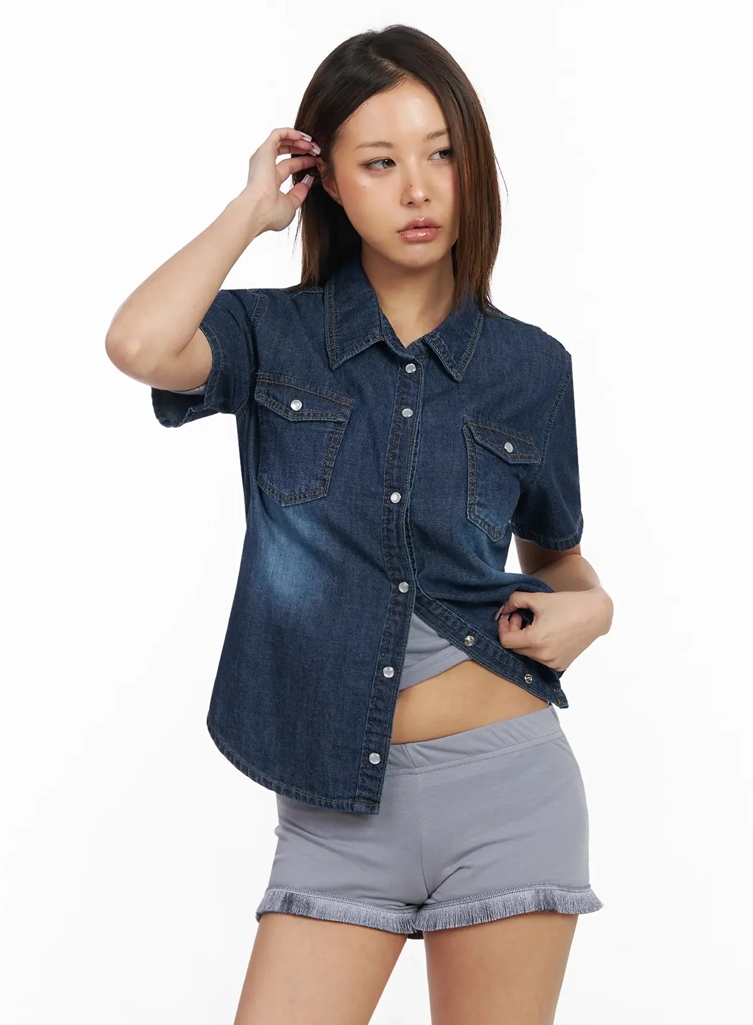 Short Sleeve Denim Button-Up Shirt IY501 - Image 2