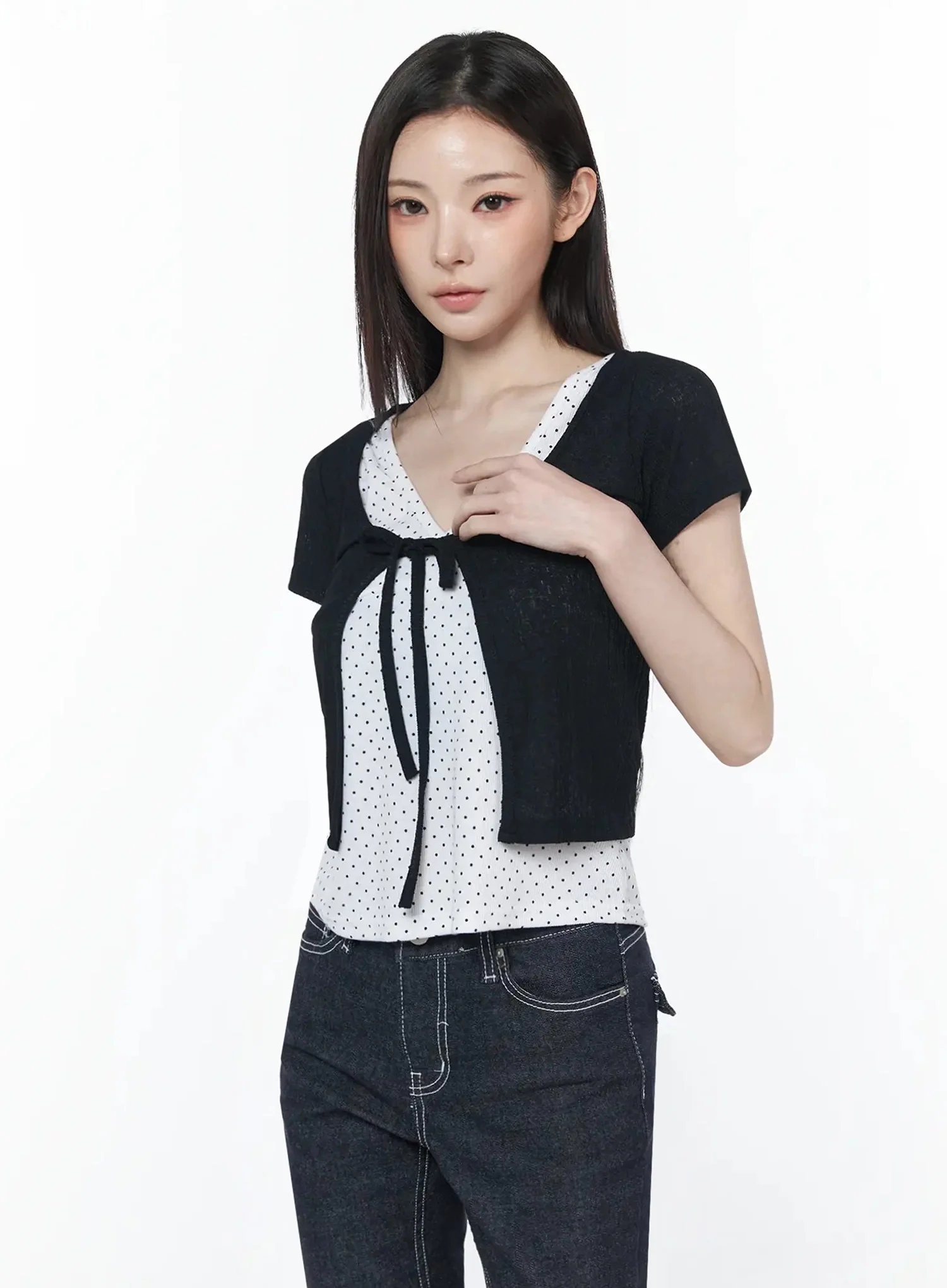 Short Sleeve Tie Cardigan IU512 - Image 7