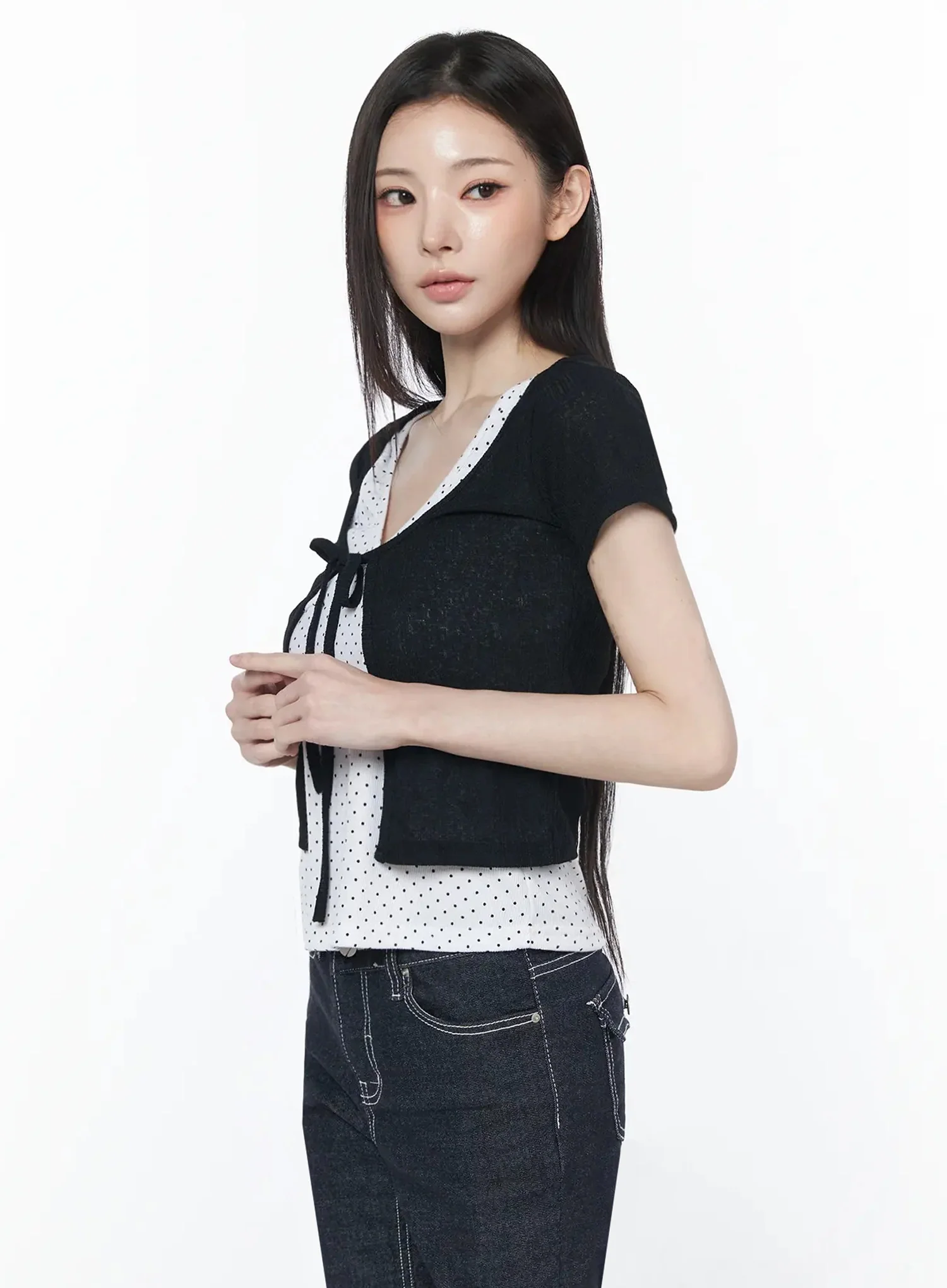 Short Sleeve Tie Cardigan IU512 - Image 8