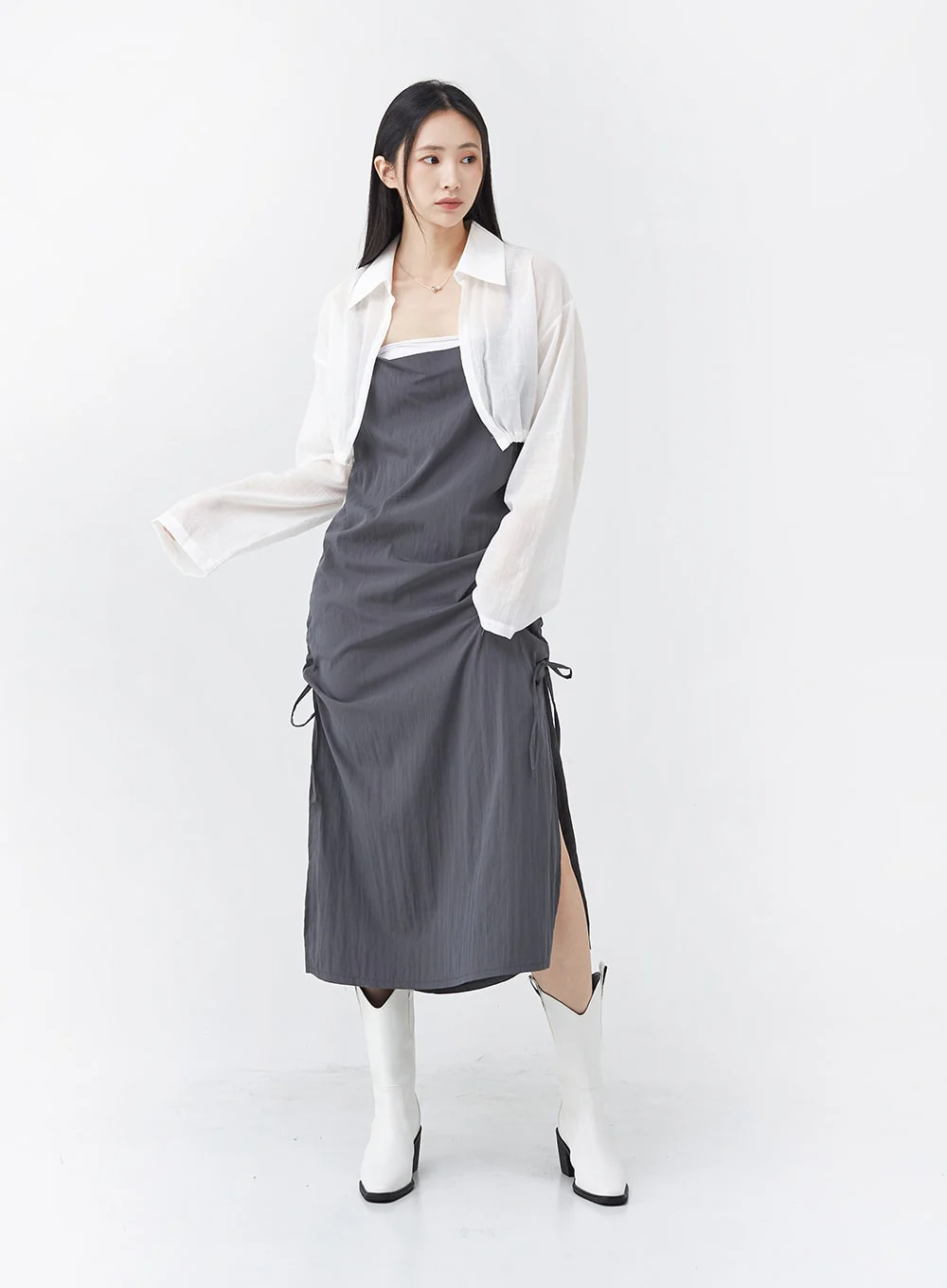 Side Shirring Sleeveless Strap Maxi Dress OG12 - Image 10