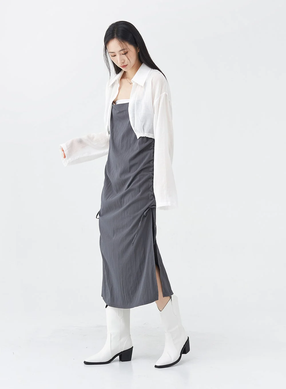 Side Shirring Sleeveless Strap Maxi Dress OG12 - Image 13