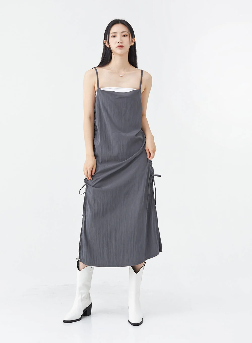 Side Shirring Sleeveless Strap Maxi Dress OG12 - Image 2