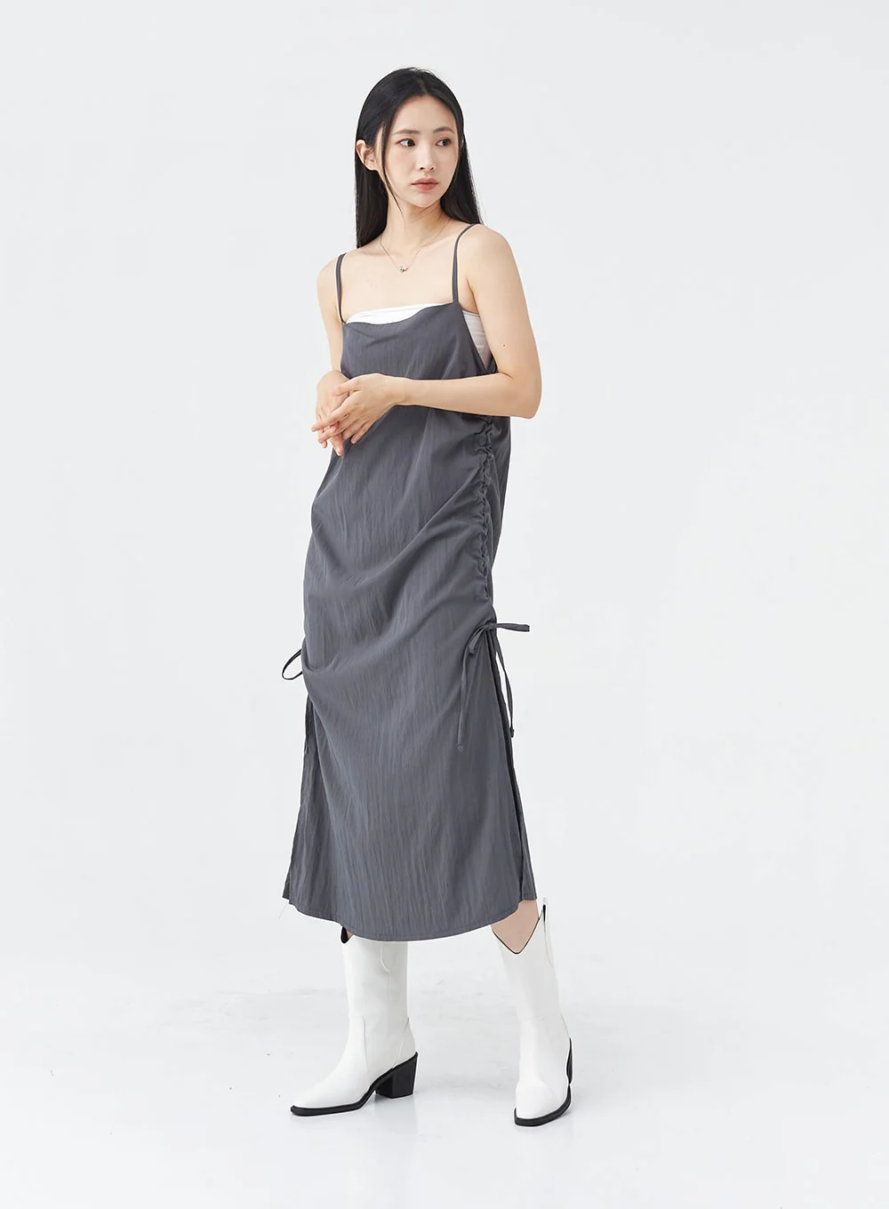 Side Shirring Sleeveless Strap Maxi Dress OG12 - Image 4