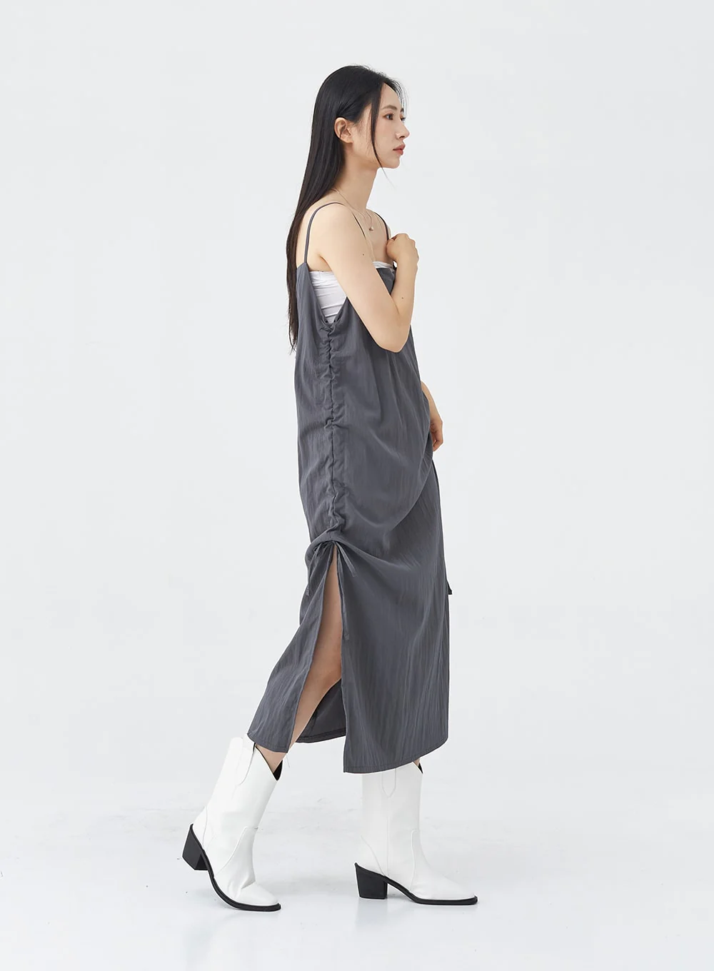 Side Shirring Sleeveless Strap Maxi Dress OG12 - Image 7