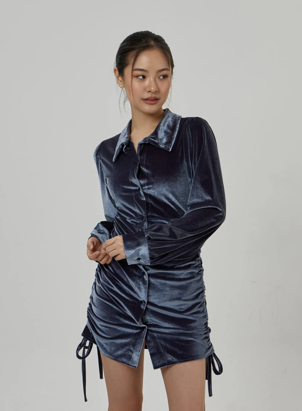 Side Tie Ruching Velvet Long Sleeve Mini Dress CD23 - Image 5