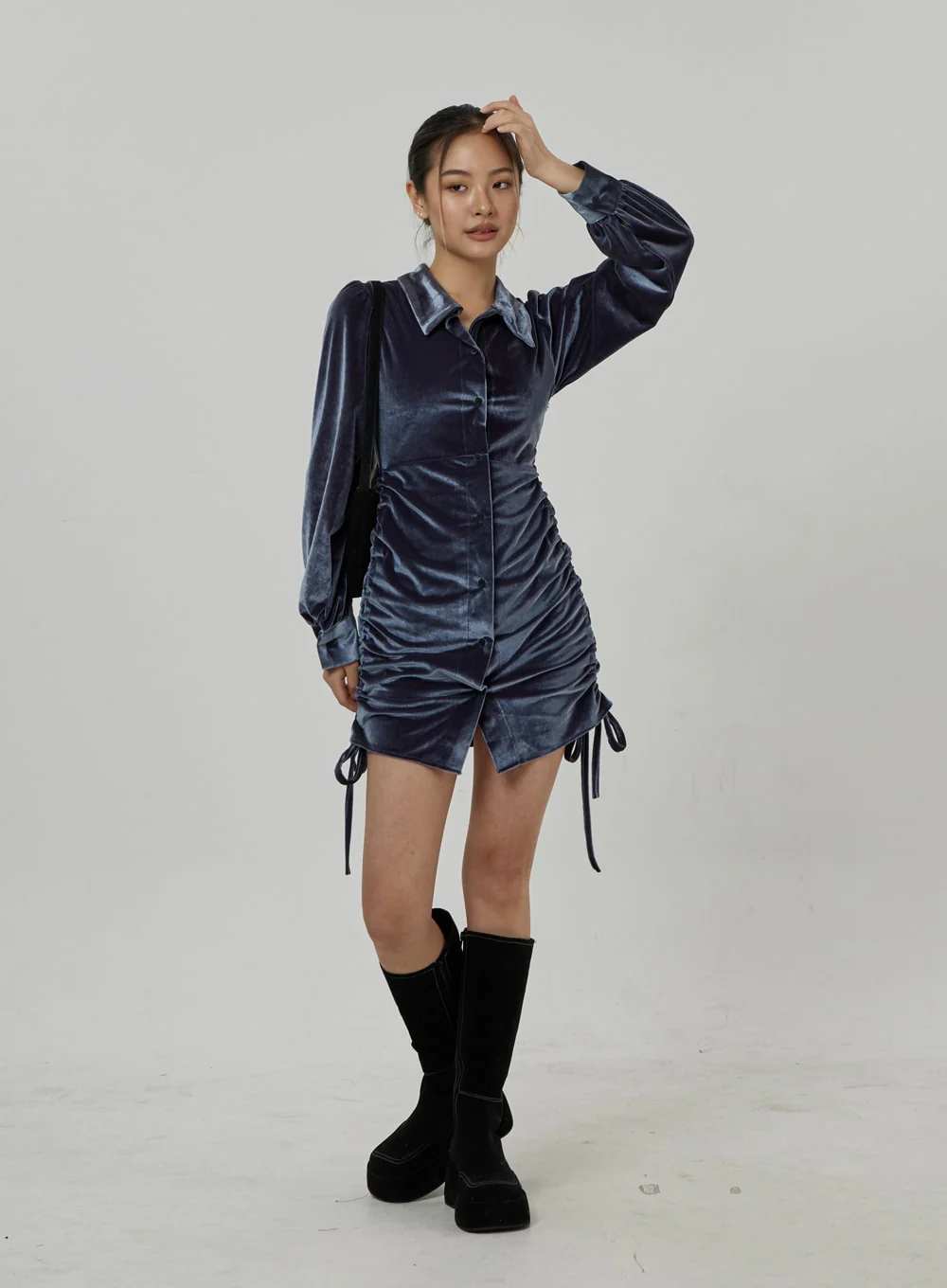 Side Tie Ruching Velvet Long Sleeve Mini Dress CD23 - Image 8