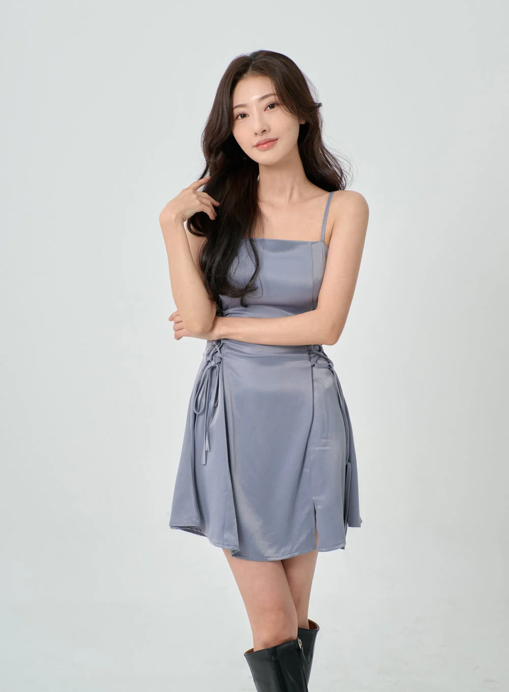 Silky Satin Cross Waist Tie Thin Strap Mini Dress IO27