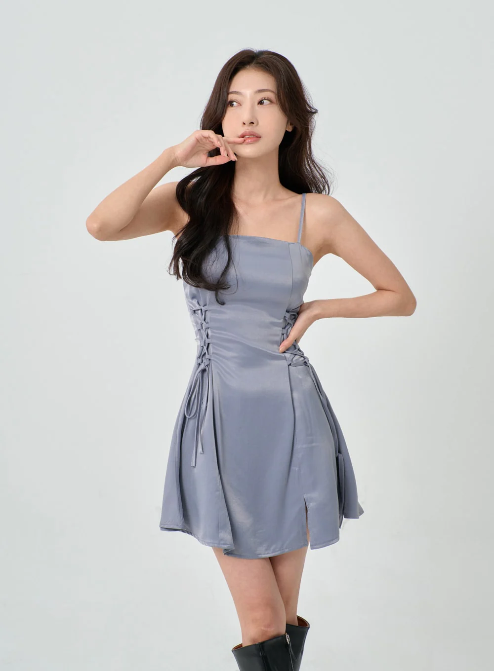 Silky Satin Cross Waist Tie Thin Strap Mini Dress IO27 - Image 2