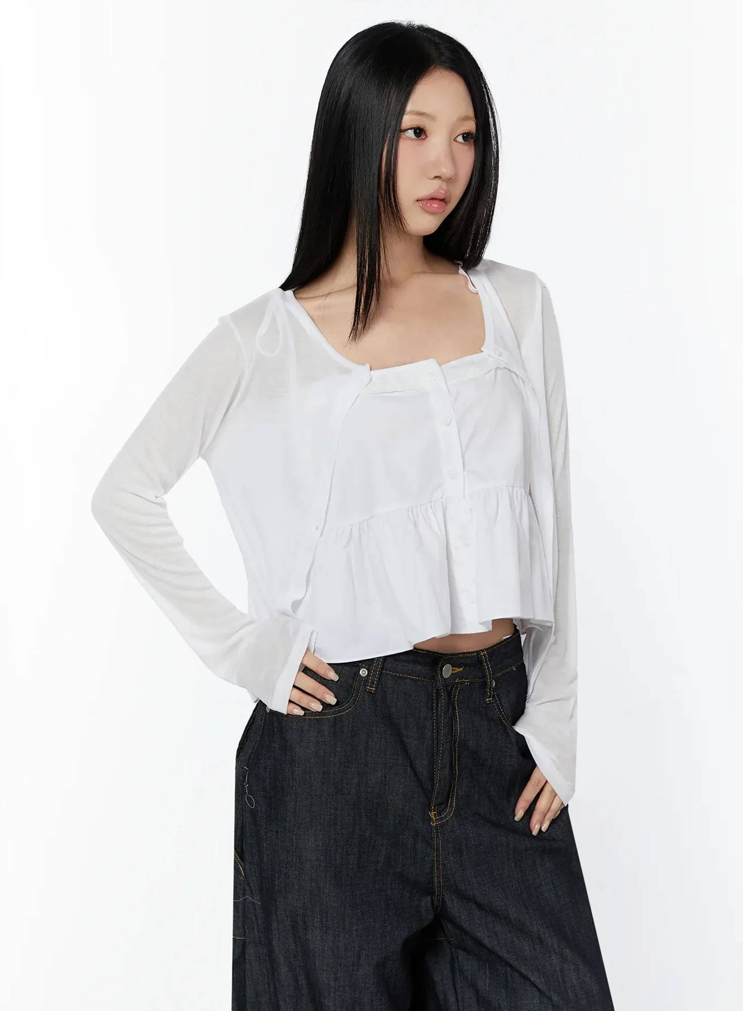 Simple Round-Neck Cardigan IY526 - Image 2