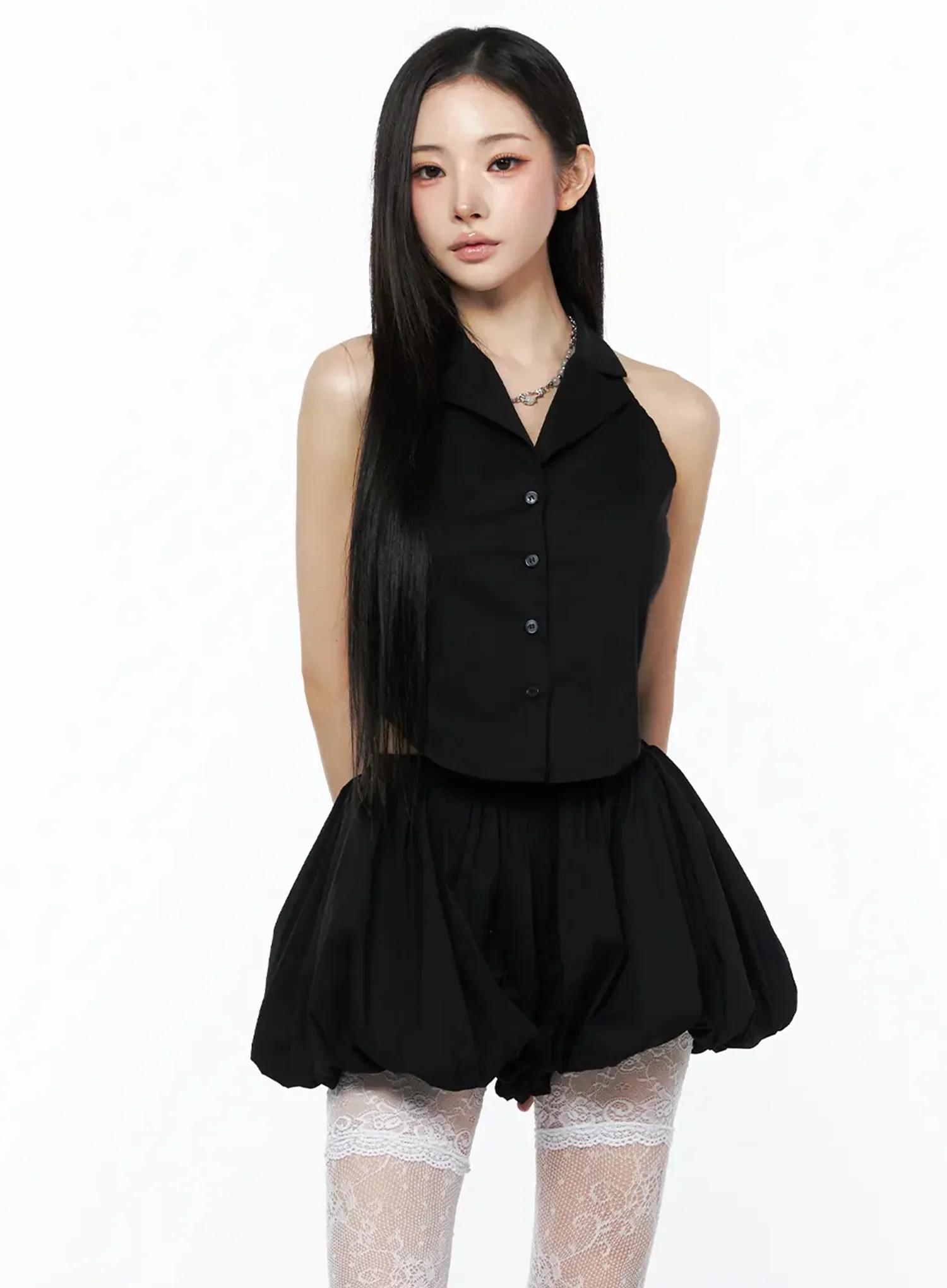 Sleeveless Collar Top And Bubble Skirt Set CU511 - Image 3