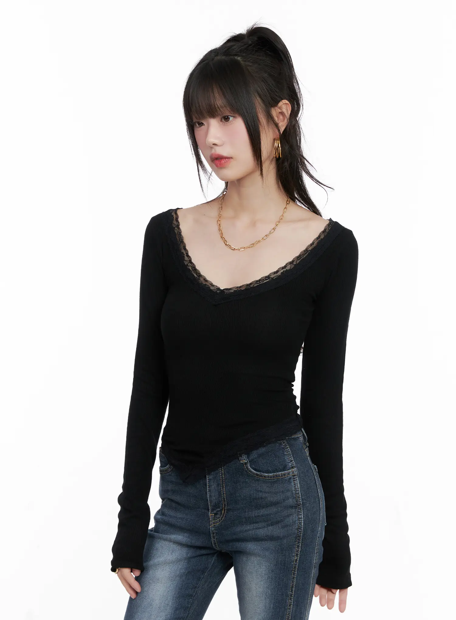 Slim Ribbed Lace Trim Top CG519 - Image 8