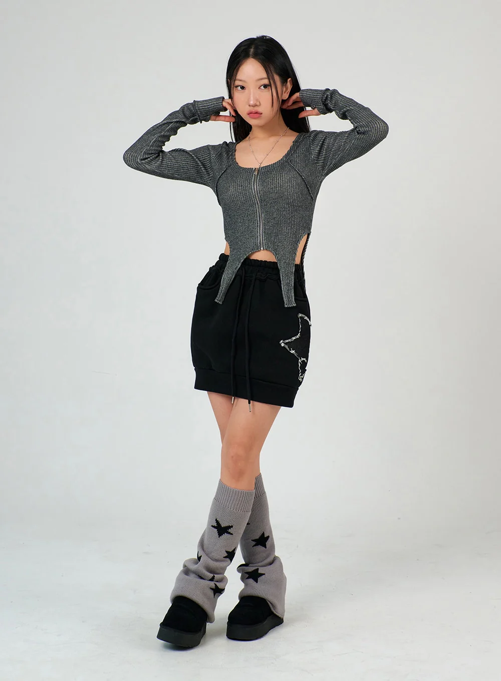 Solid Wool Blend Zip-Up Crop Top IJ402 - Image 2