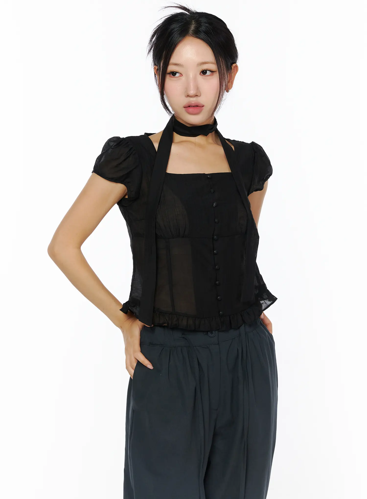 Square Neck Ruffle Top with Scarf CU512 - Image 9