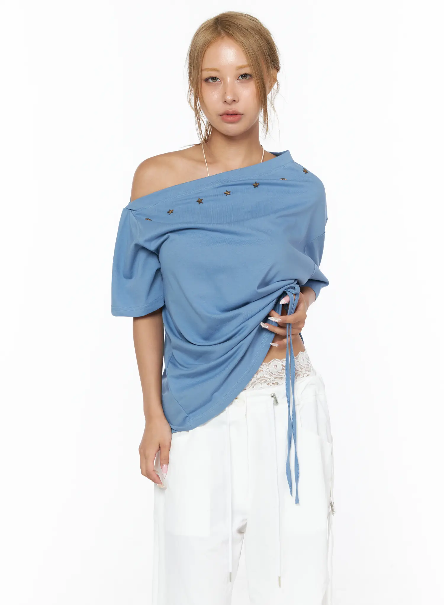 Star Studded Asymmetric Drawstring Tee CU524 - Image 2