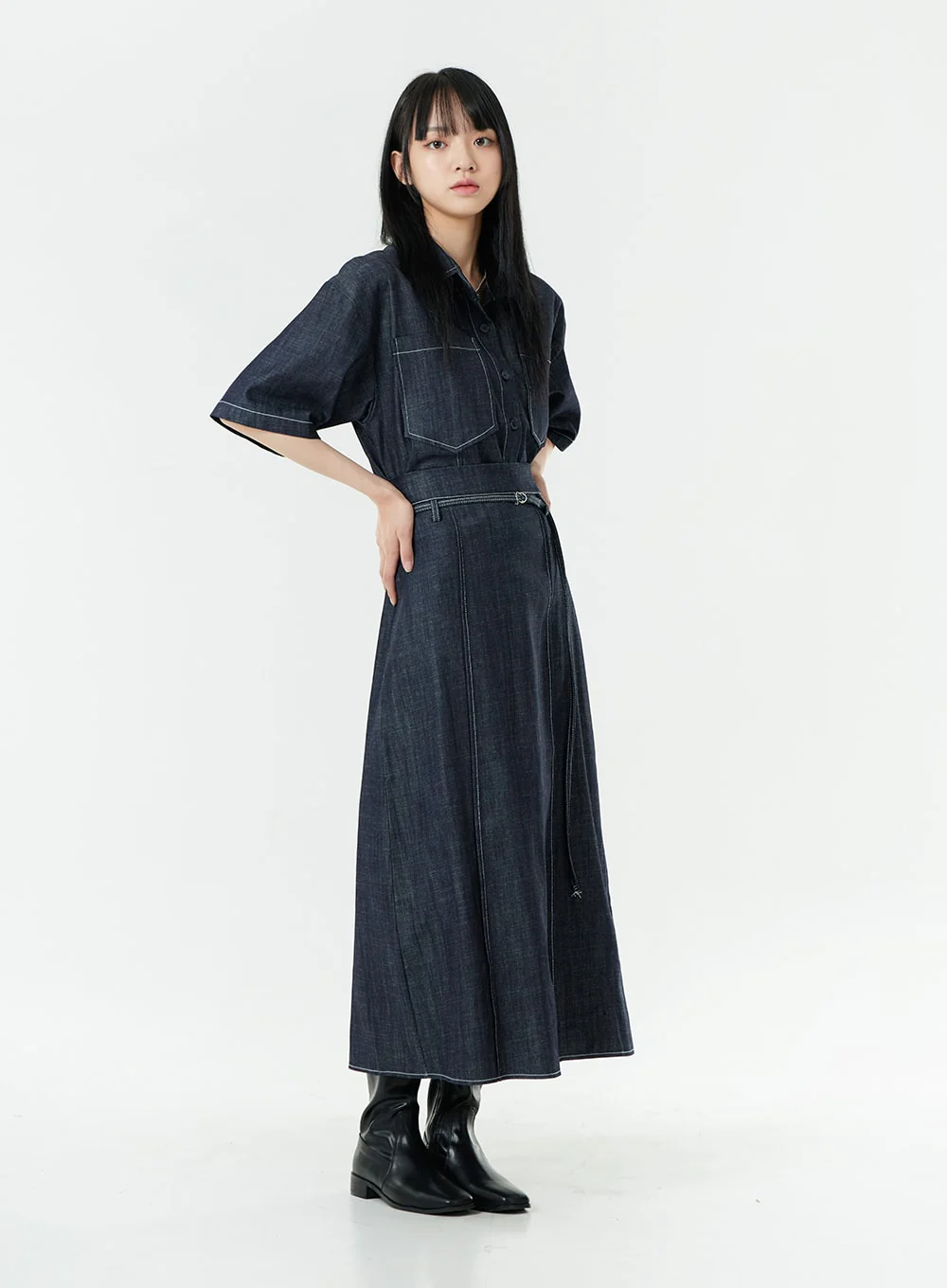 Stitch Denim Set-Up Blouse with Pocket OG23 - Image 10