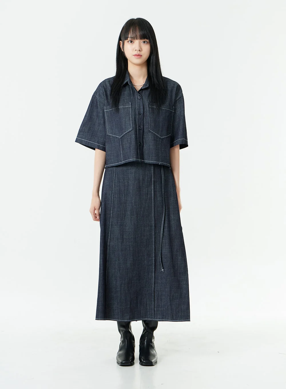 Stitch Denim Set-Up Blouse with Pocket OG23 - Image 12