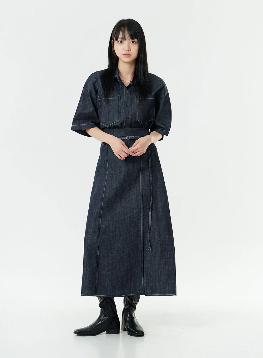 Stitch Denim Set-Up Blouse with Pocket OG23 - Image 3