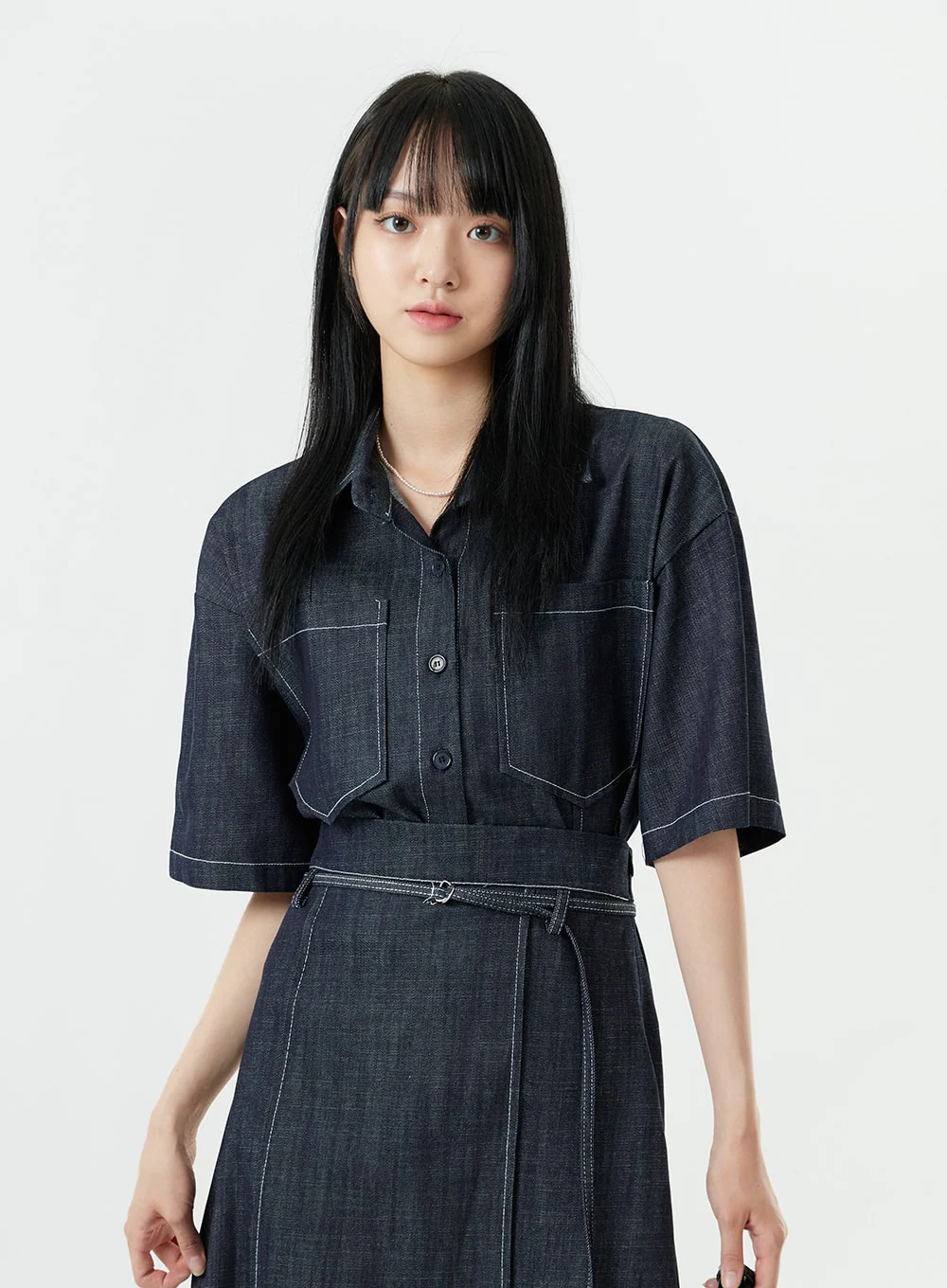 Stitch Denim Set-Up Long Skirt with Belt OG23 - Image 10