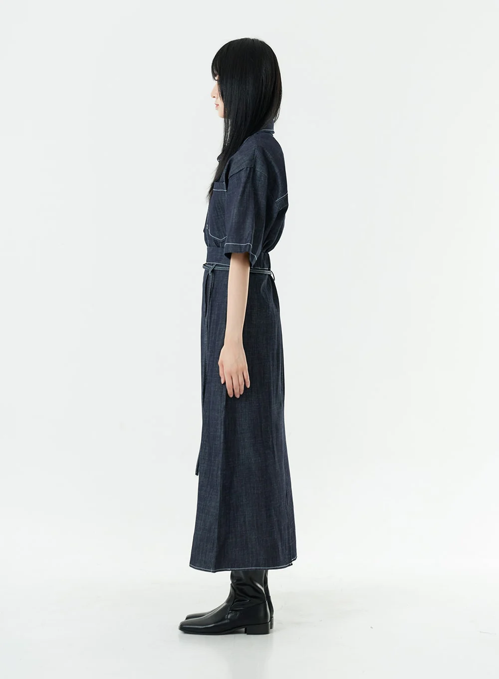 Stitch Denim Set-Up Long Skirt with Belt OG23 - Image 12