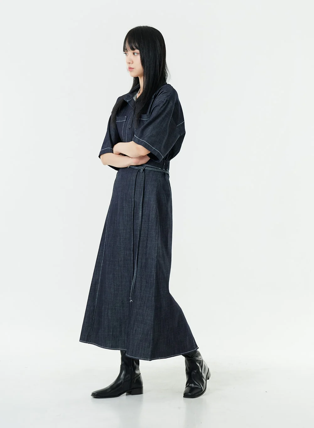 Stitch Denim Set-Up Long Skirt with Belt OG23 - Image 3