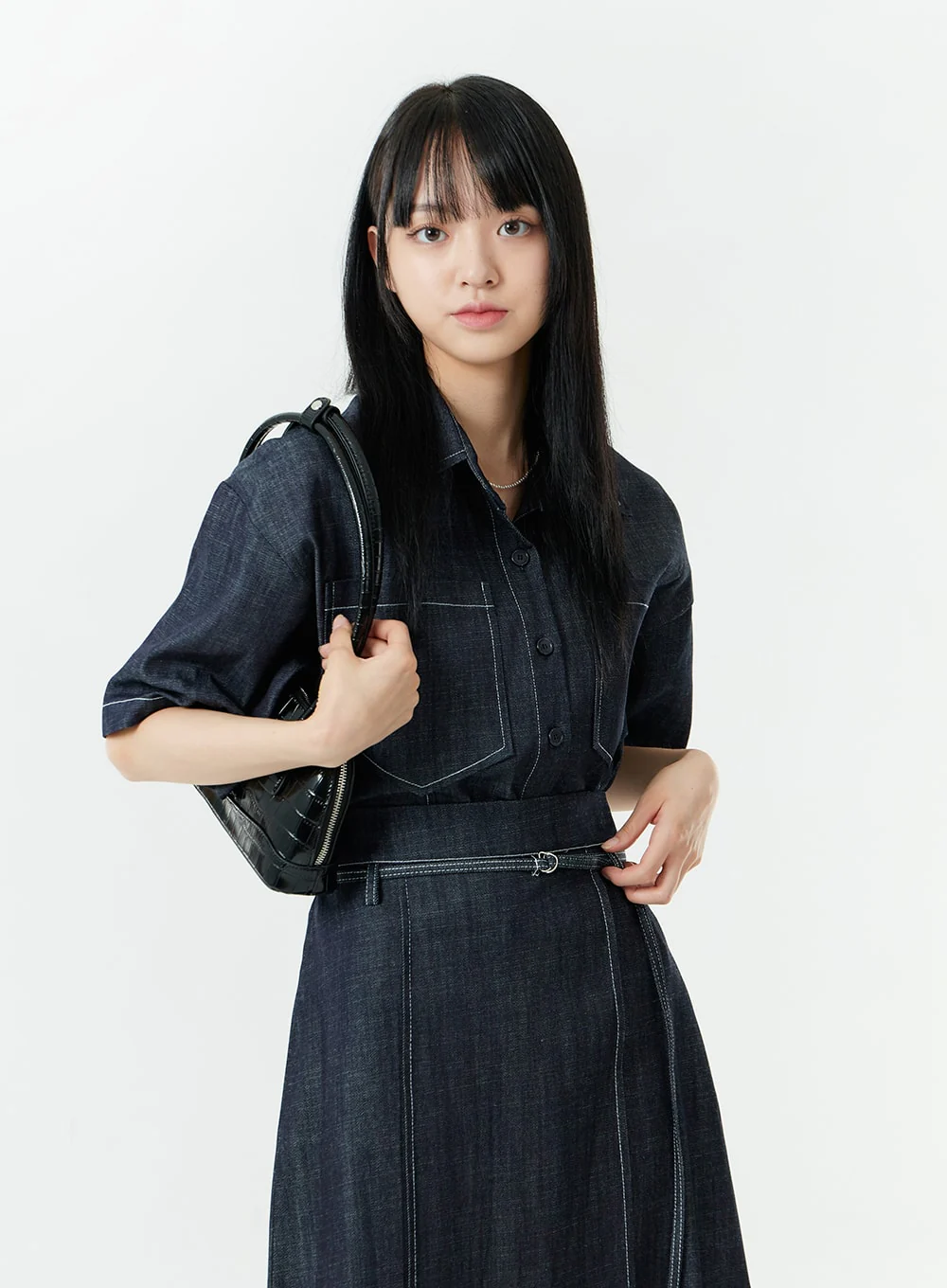 Stitch Denim Set-Up Long Skirt with Belt OG23 - Image 5