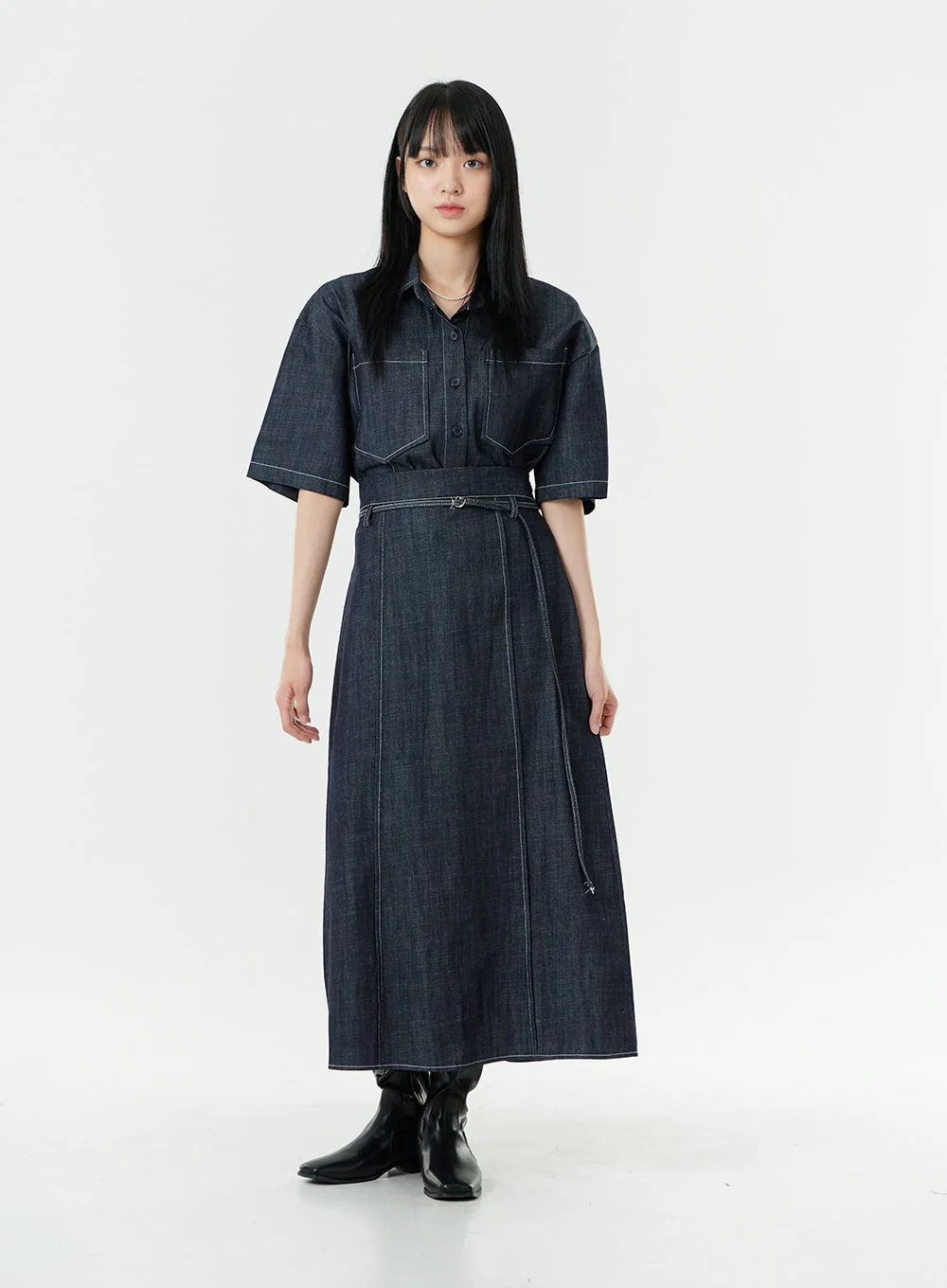 Stitch Denim Set-Up Long Skirt with Belt OG23 - Image 6
