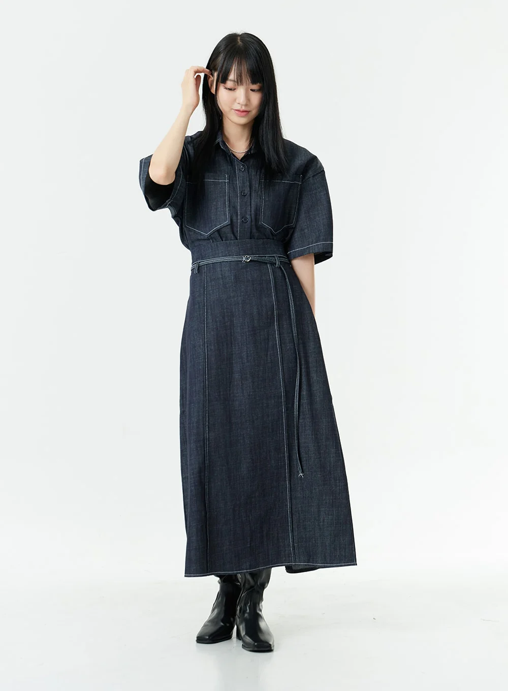 Stitch Denim Set-Up Long Skirt with Belt OG23 - Image 7