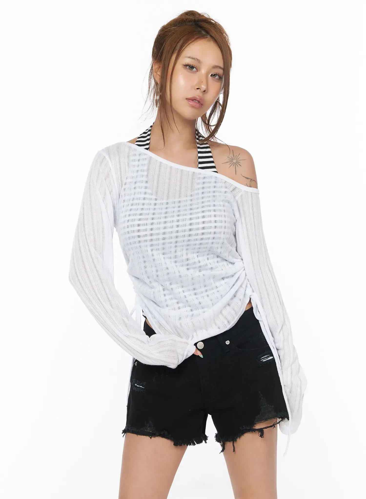 String Detail See-Through Long Sleeve Tee CU502
